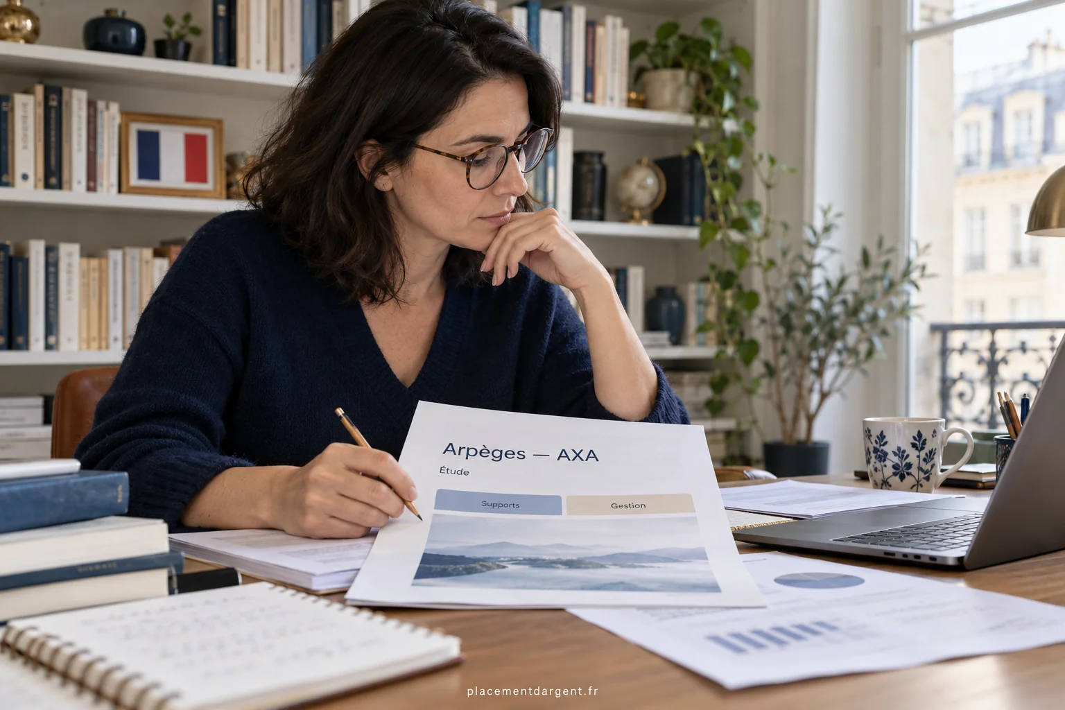 Dossier de contrat d’assurance-vie posé sur un bureau avec un ordinateur affichant des graphiques de placement