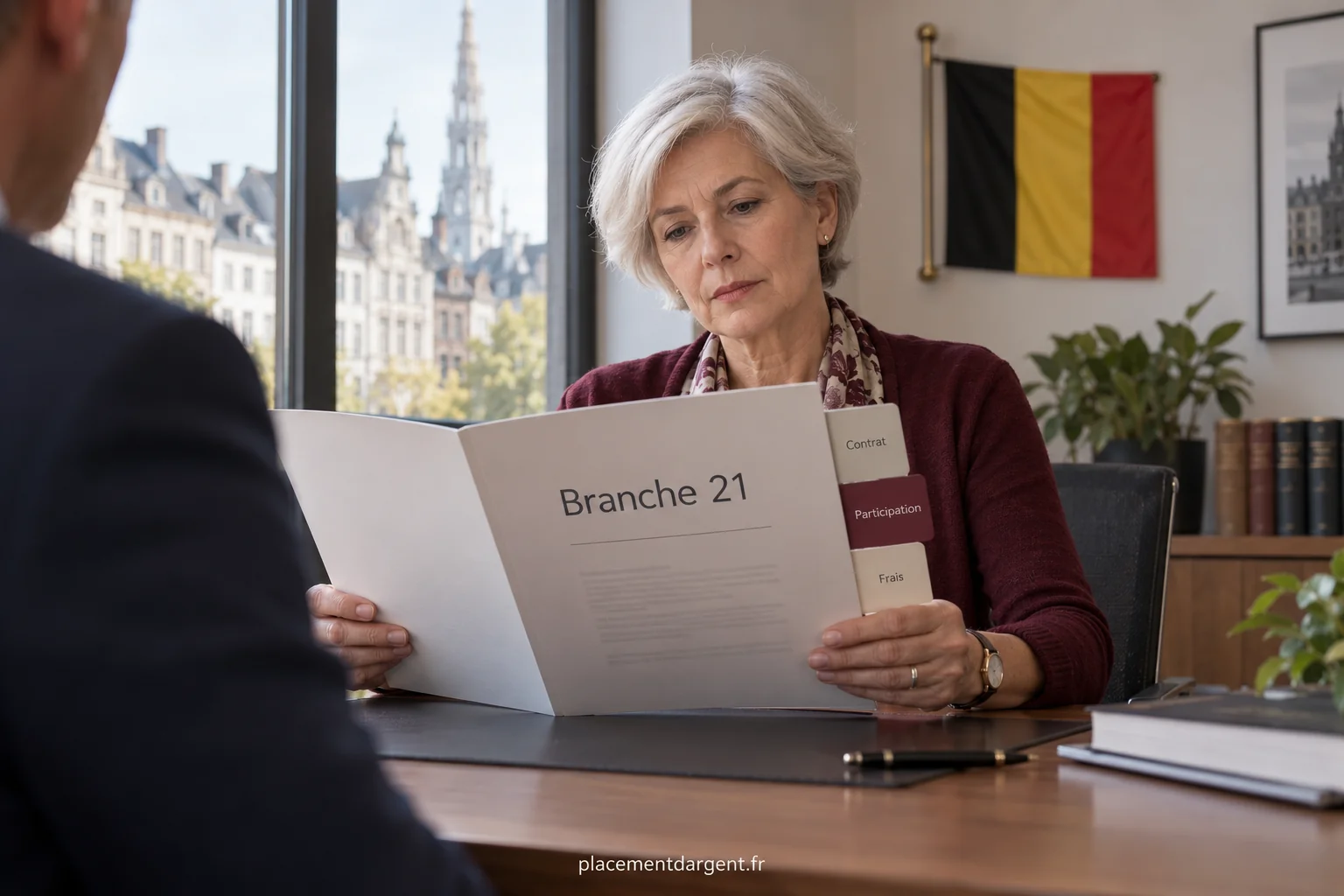 Épargnant belge examinant les conditions générales d’un contrat d’assurance-épargne à rendement garanti sur une table de travail