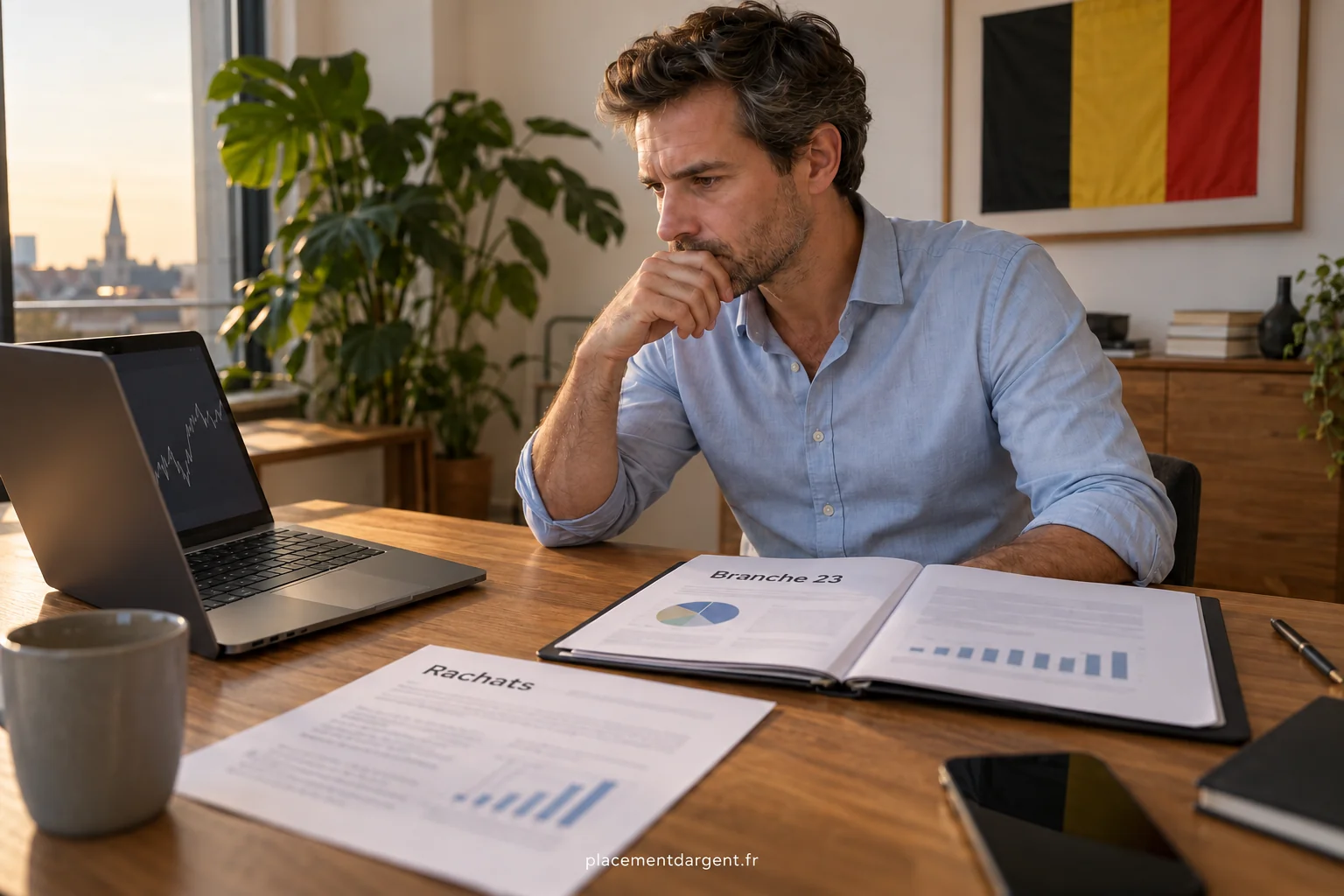 Souscripteur belge comparant des graphiques de fonds d’investissement et les documents d’un contrat d’assurance de branche 23