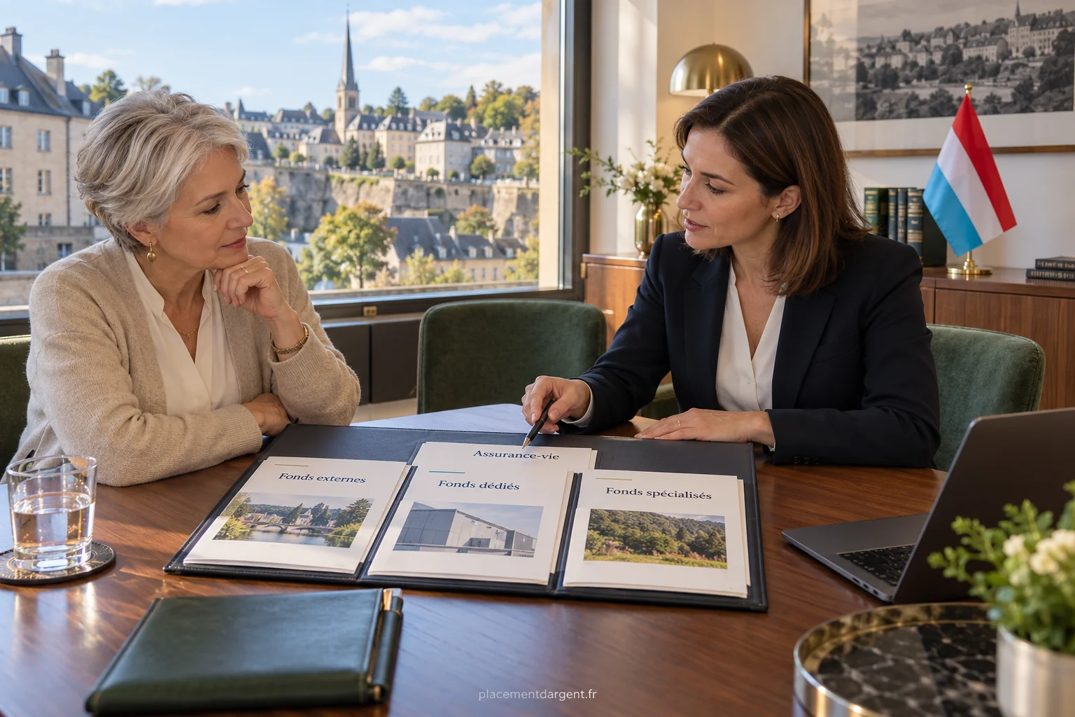 Documents de contrat d’assurance-vie et graphiques de placement posés sur un bureau de conseiller financier