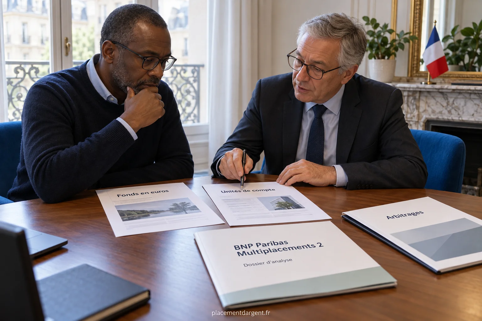 Conseiller et client examinant la répartition d'un contrat d'assurance-vie entre fonds en euros et fonds d'investissement