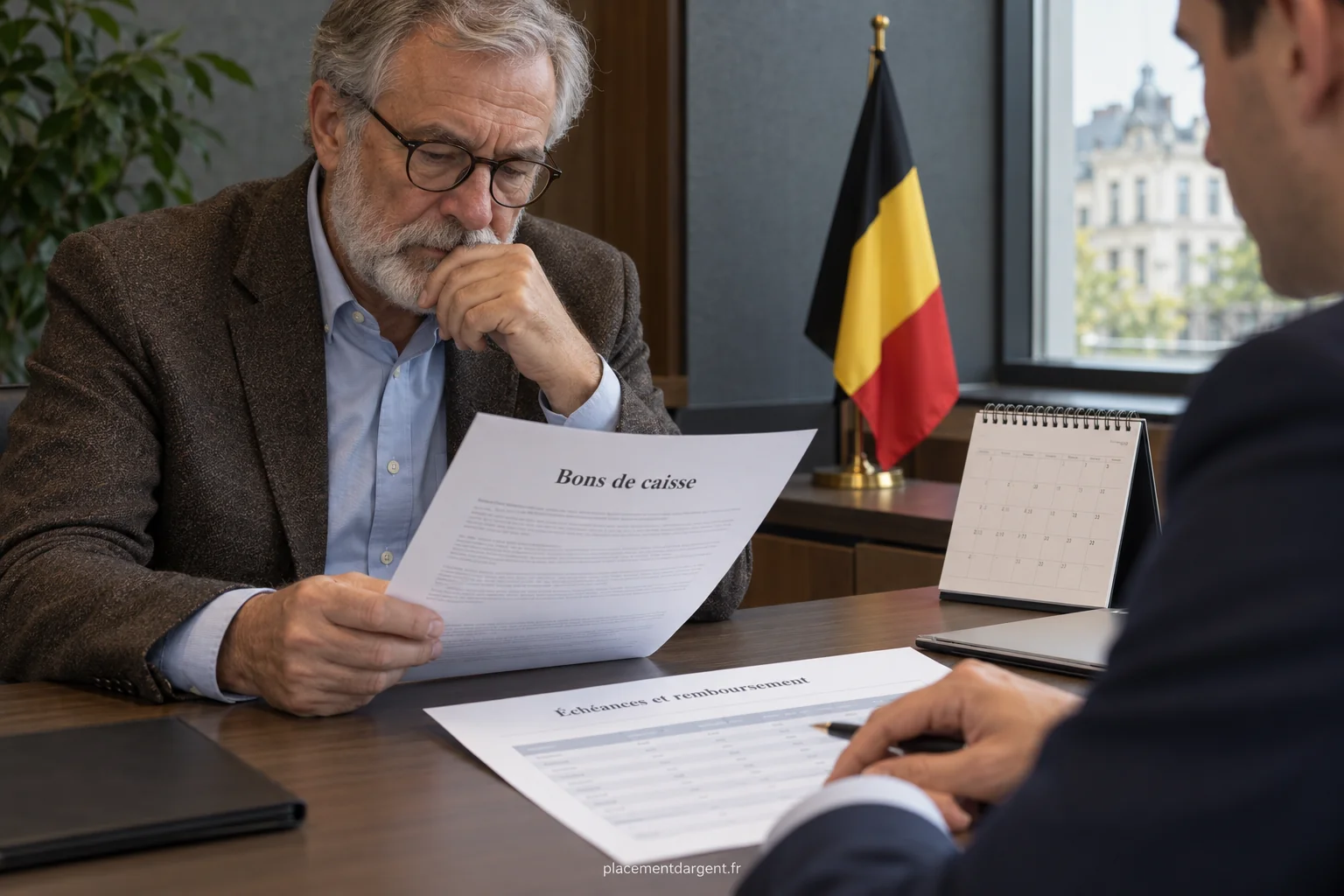 Client belge et conseiller bancaire discutant d’un placement à terme devant un dossier et un ordinateur portable