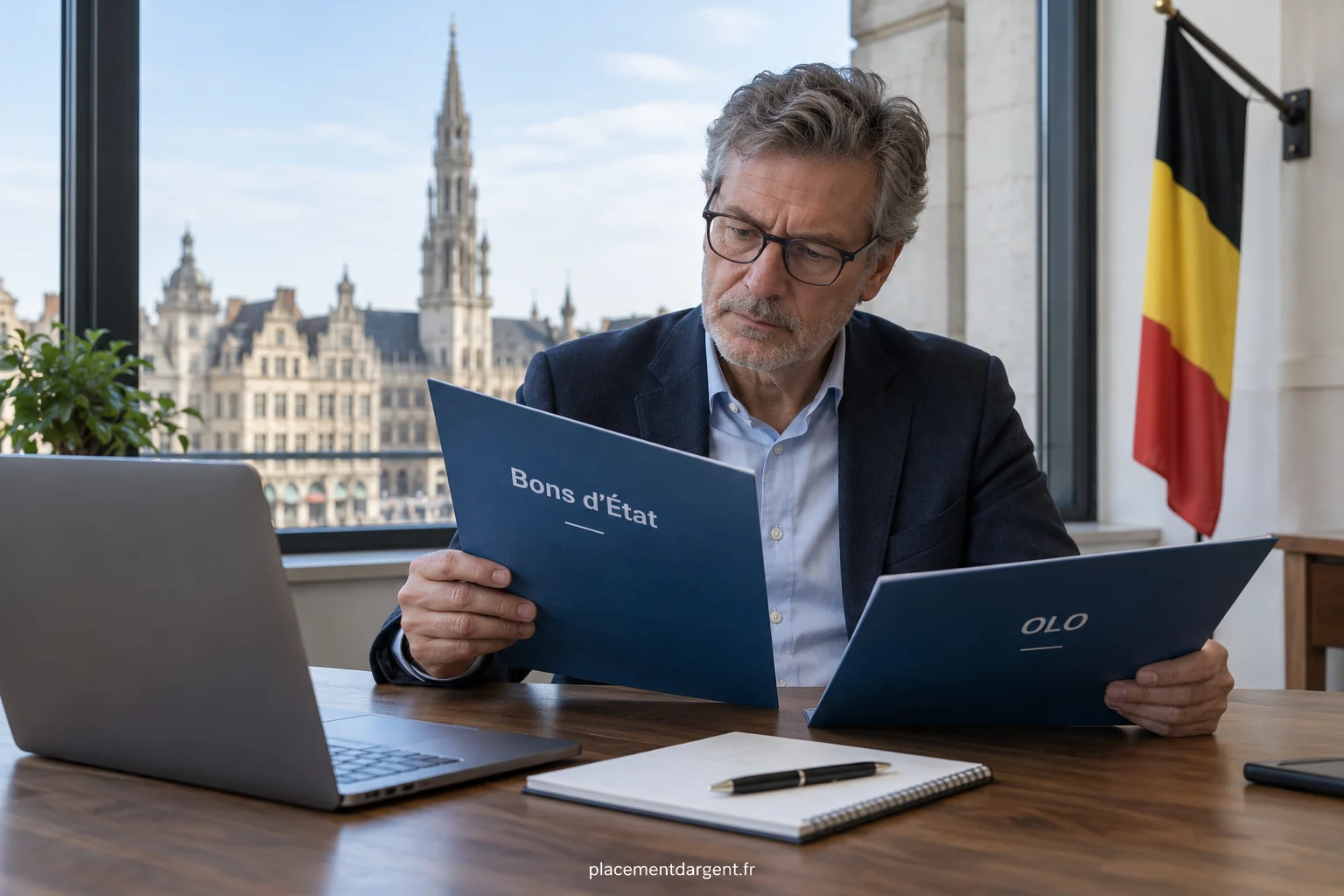 Épargnant belge examinant un relevé de titres d’État avec une calculatrice et un carnet de notes sur un bureau
