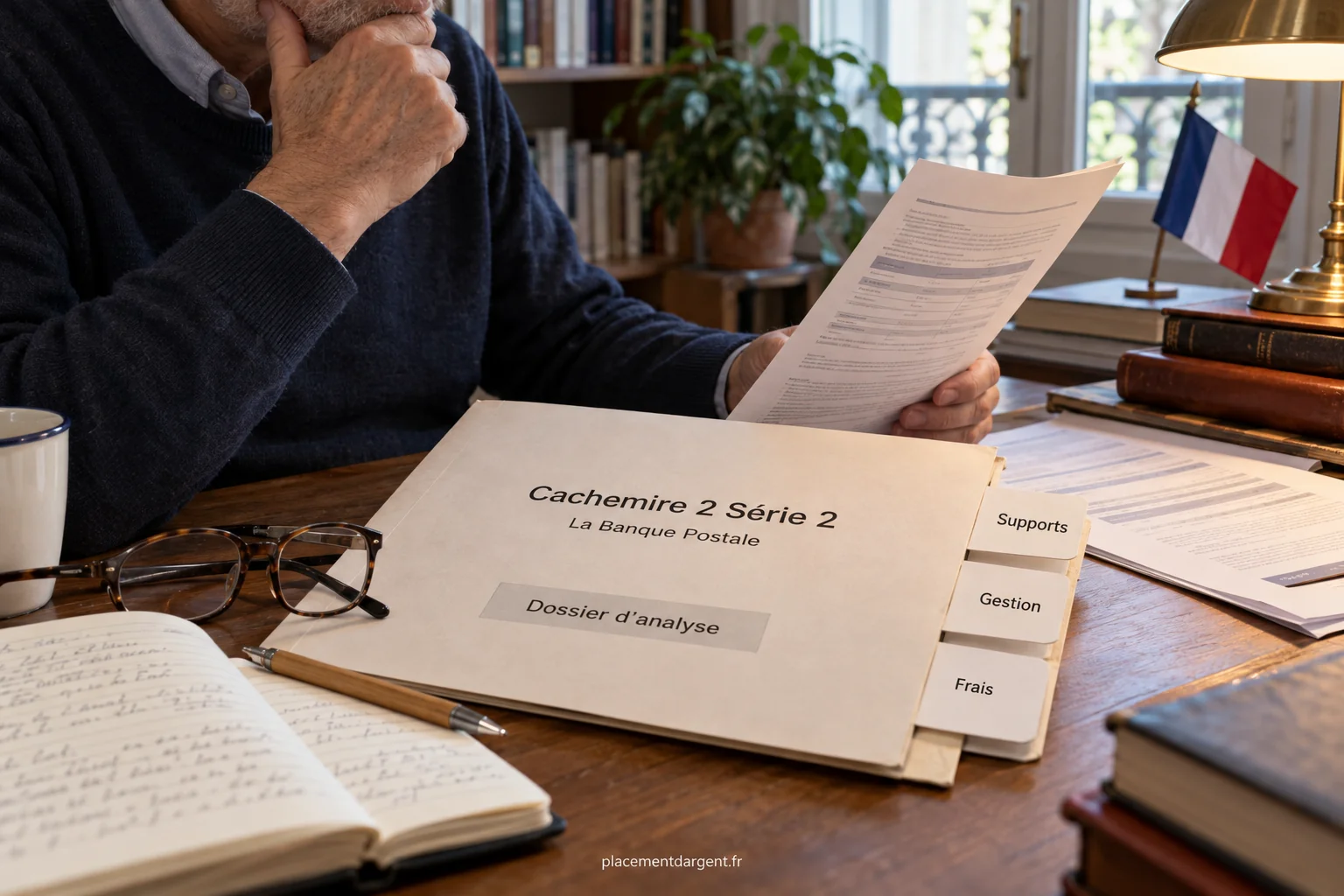 Épargnant comparant sur une tablette les modes de gestion et les frais d'un contrat d'assurance-vie