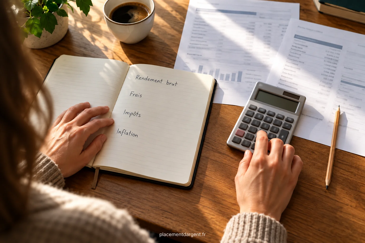 Calculatrice, relevé de placement et carnet de notes posés sur un bureau pour évaluer un rendement