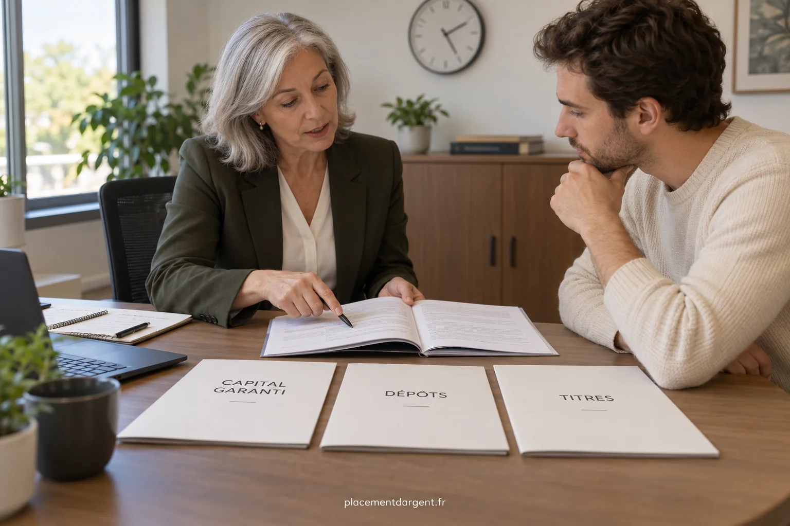 Documents bancaires, bouclier symbolique et petit tas de pièces posés sur une table de travail lumineuse