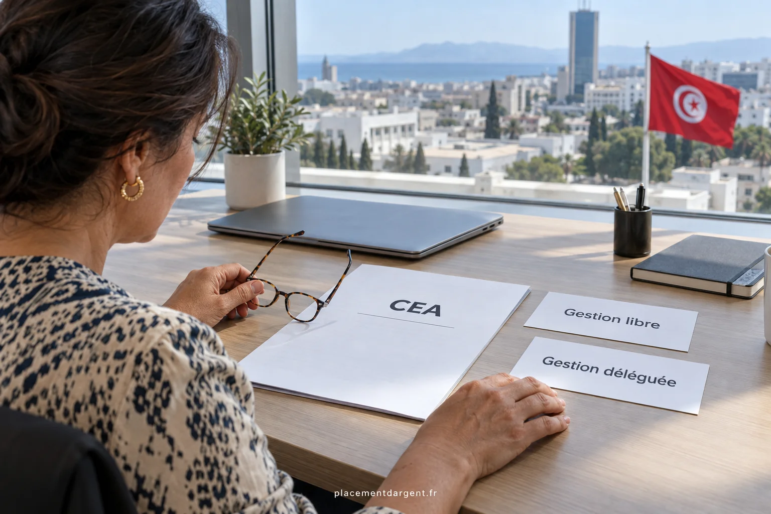 Épargnant tunisien examinant un relevé de portefeuille d'actions sur ordinateur portable avec des graphiques boursiers en arrière-plan