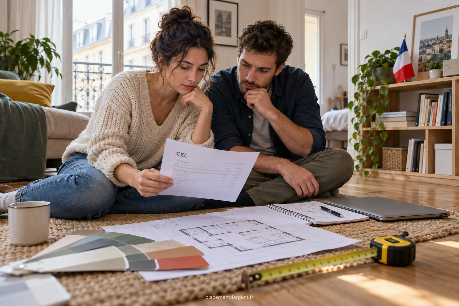Couple penché sur des plans d'appartement et un relevé de compte, préparant le financement d'un futur achat immobilier