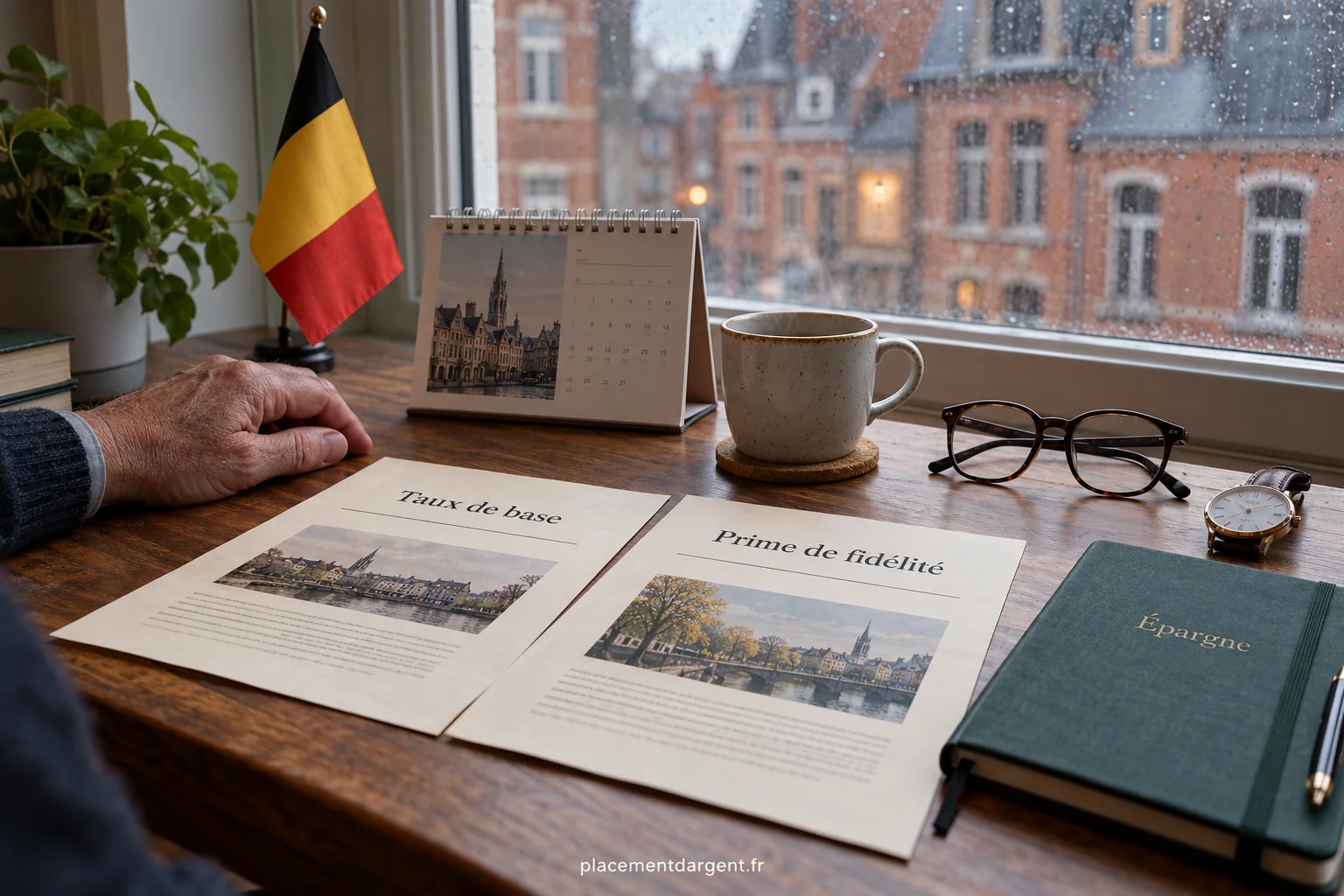 Carnet d’épargne, calculatrice et pièces en euros posés sur une table, évoquant un compte d’épargne en Belgique