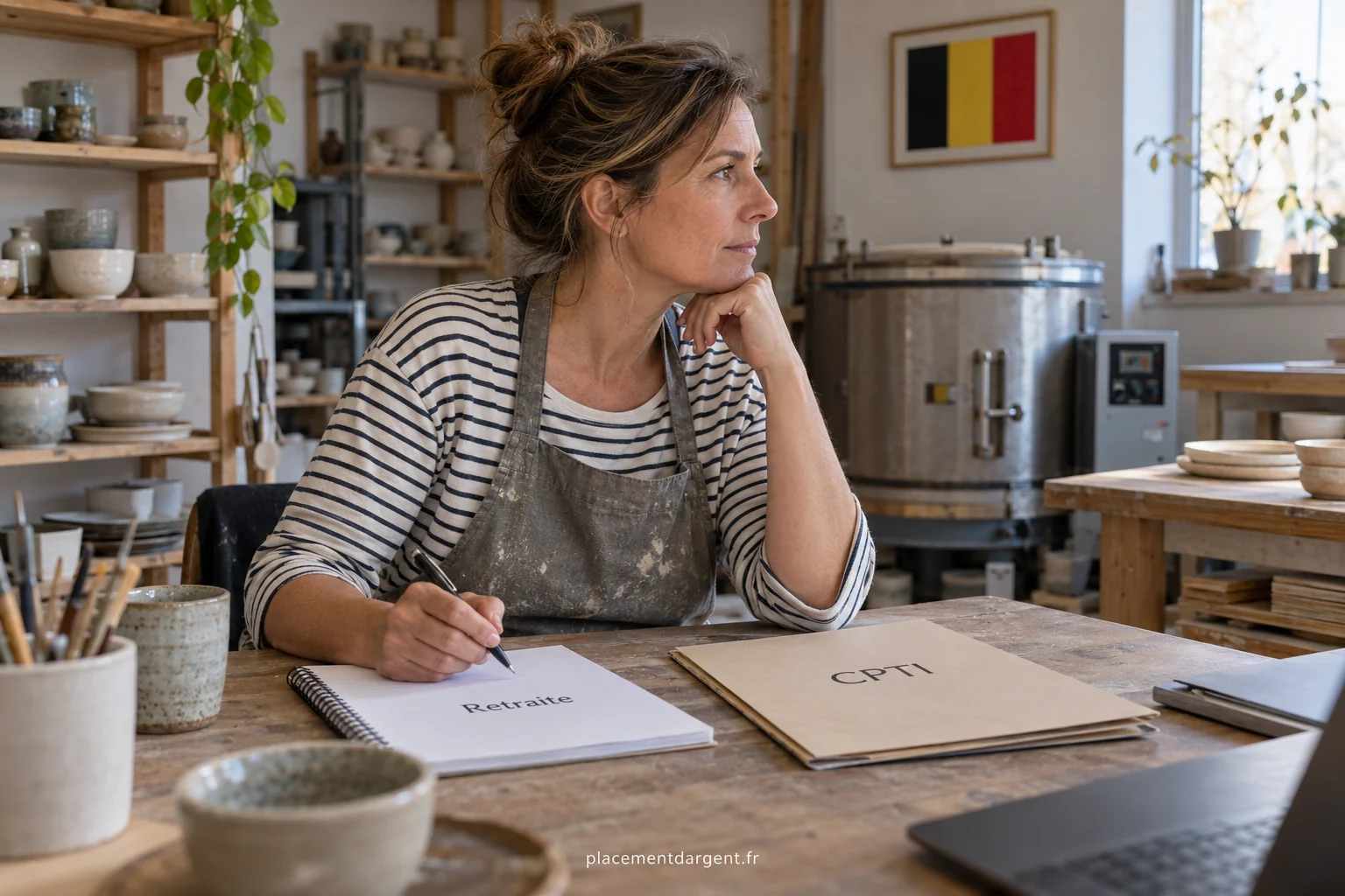 Artisan indépendant belge consultant une simulation de pension complémentaire dans son atelier avec une tablette