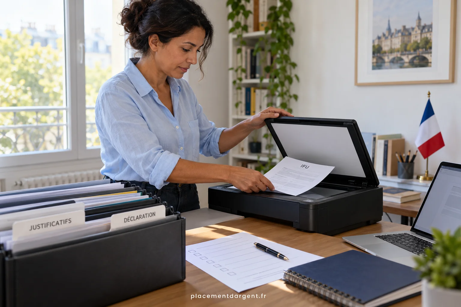 Épargnant comparant un relevé de compte-titres et une déclaration de revenus sur un bureau avec un ordinateur portable