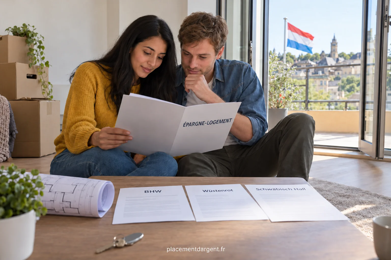 Maison individuelle en construction avec un plan d’architecte et une calculatrice posés sur une table de chantier