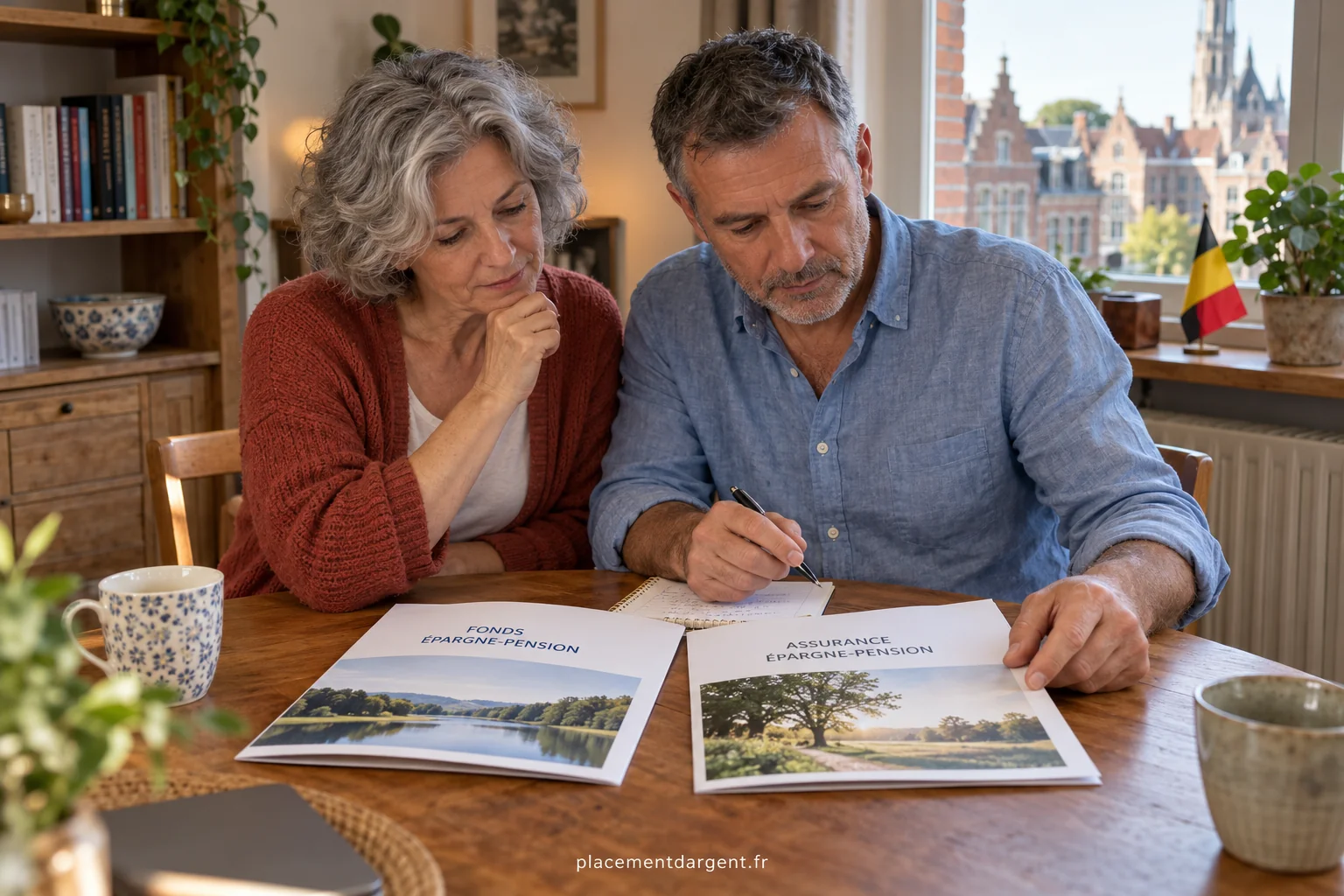 Couple de retraités belges comparant des brochures d'épargne-pension à la table de leur salon