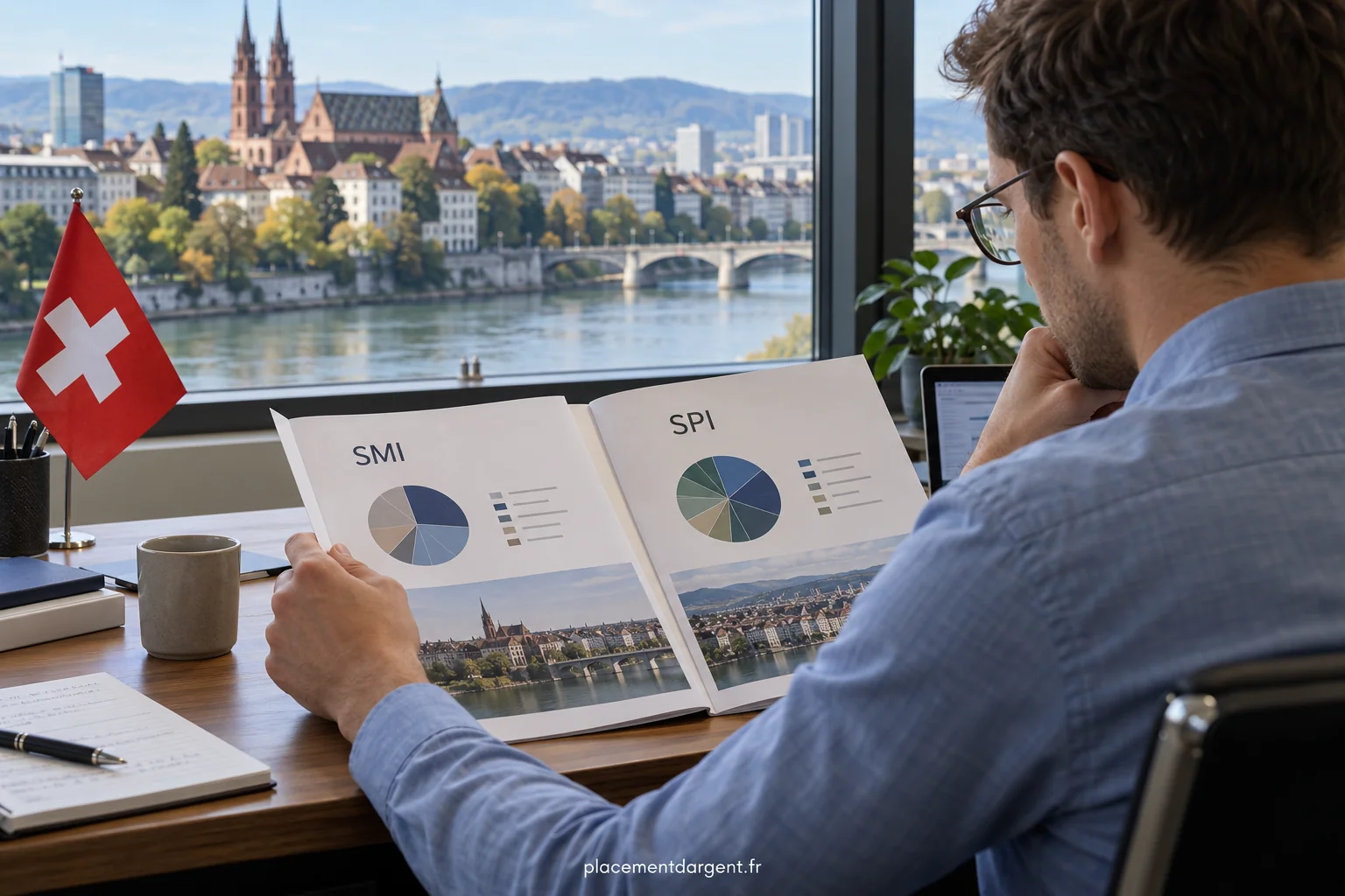 Vue de la ville de Zurich avec un écran affichant des courbes boursières et des indices d’actions