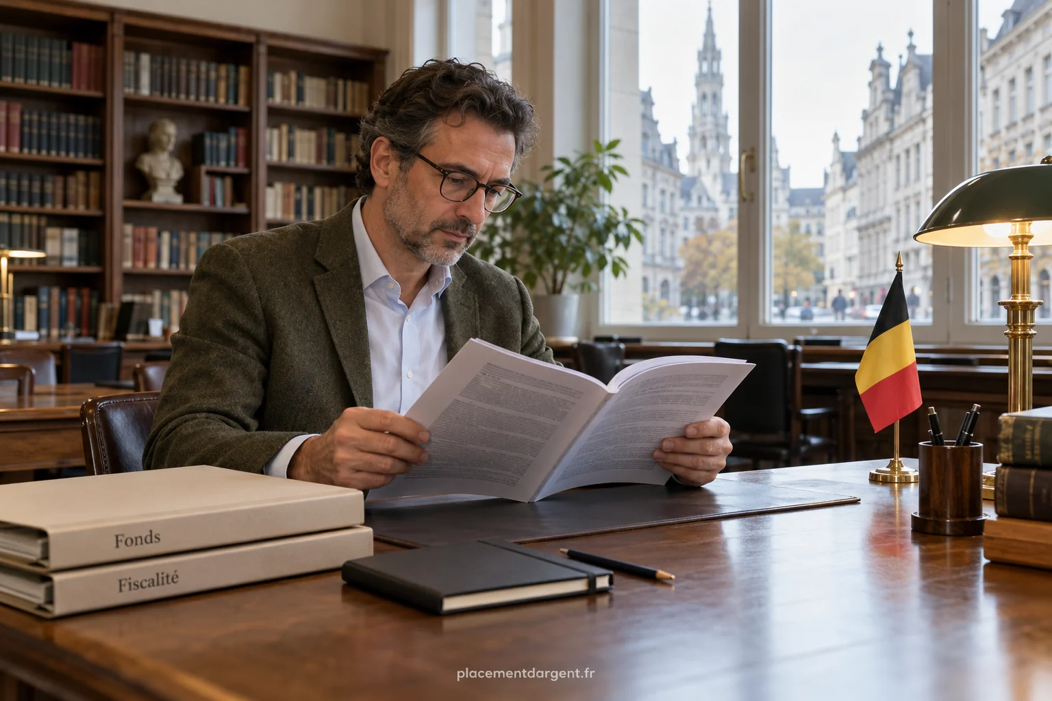 Épargnant belge comparant un relevé de portefeuille de fonds et un calcul de plus-value sur un ordinateur