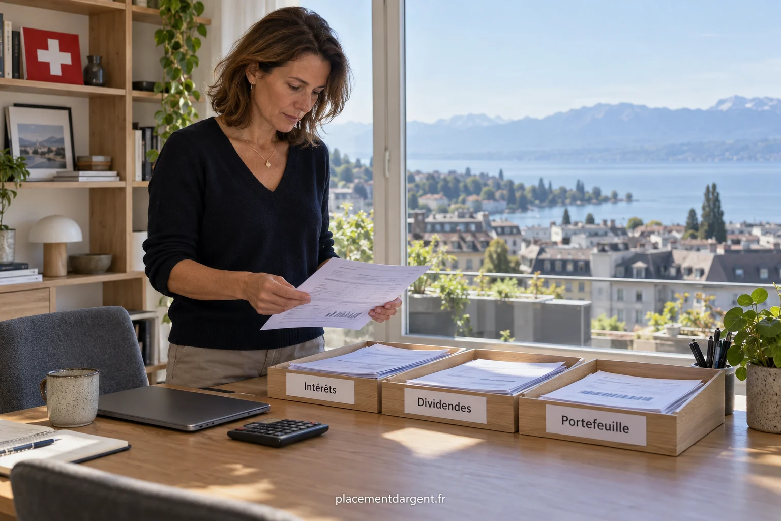 Contribuable suisse comparant un relevé de titres et un formulaire de déclaration d’impôt sur un bureau