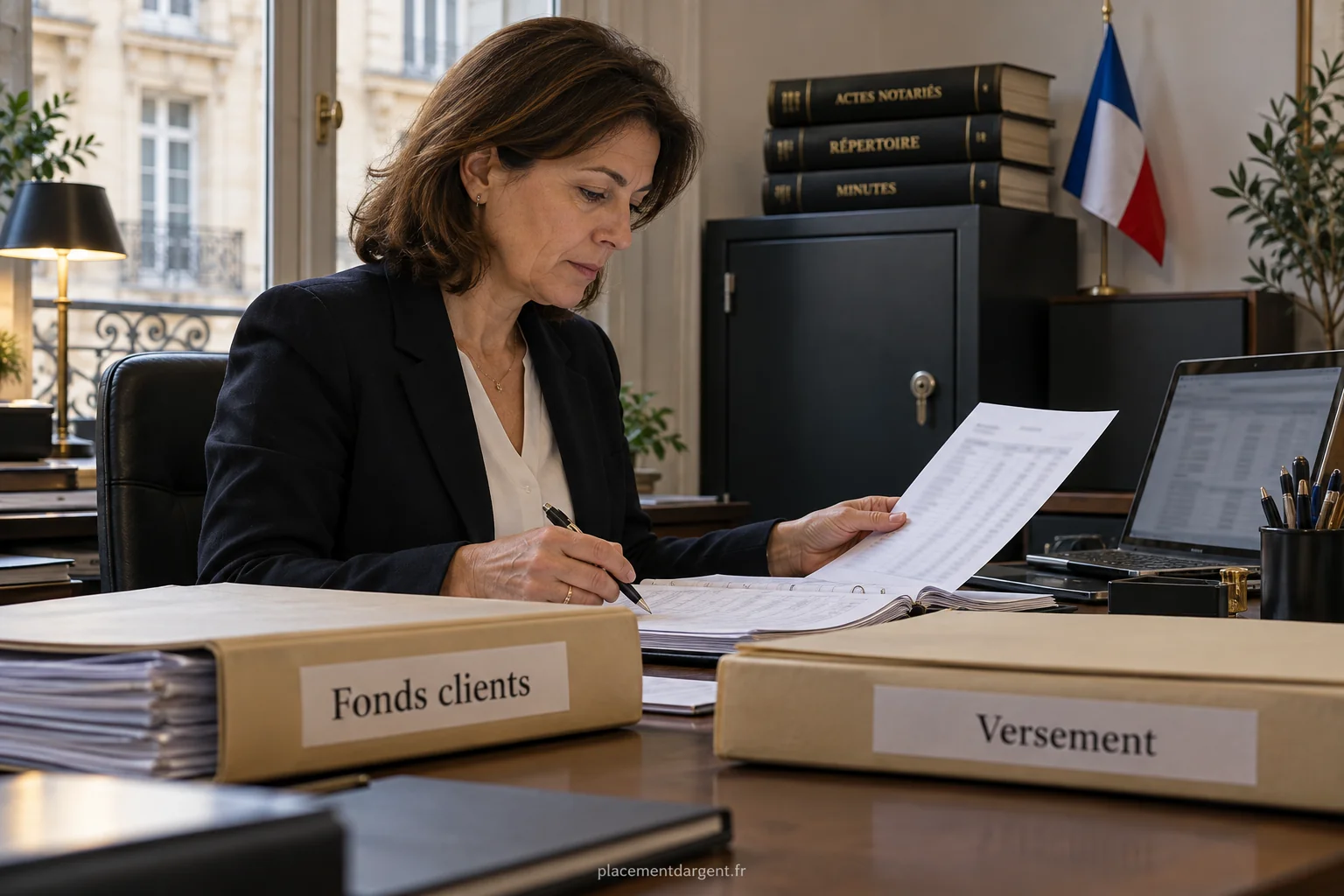 Notaire et client examinant un dossier de vente et un relevé de compte sur un bureau d’étude