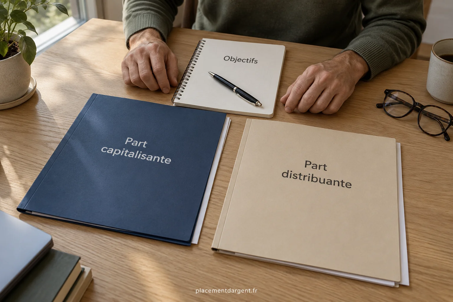 Épargnant comparant deux relevés de fonds sur un bureau avec calculatrice et graphique de performance