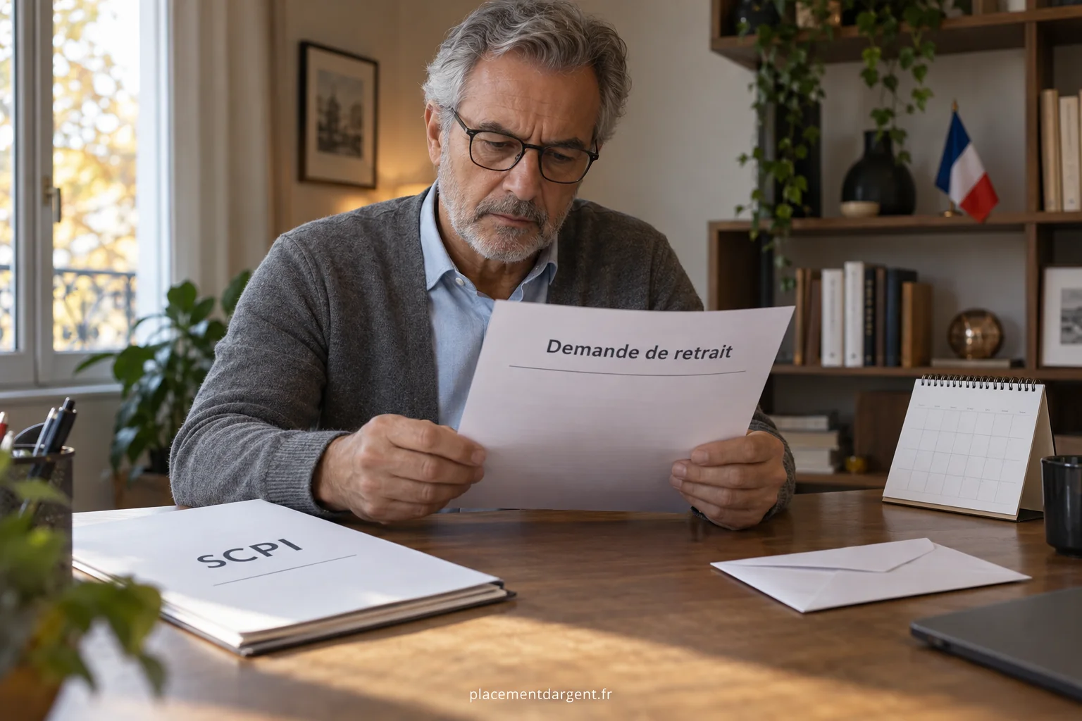 Épargnant lisant un courrier de société de gestion à côté d’un dossier de parts immobilières