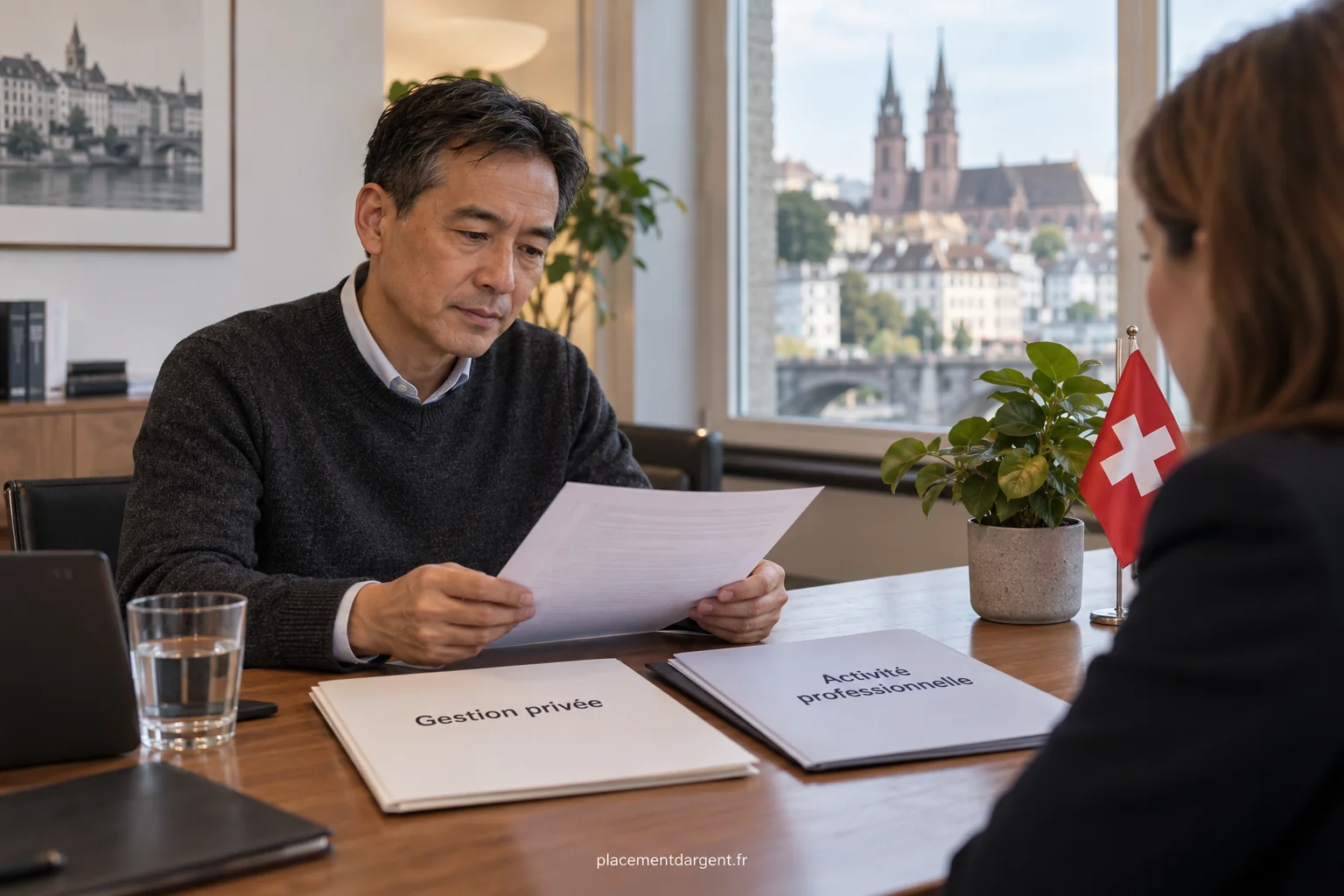 Investisseur examinant des relevés de portefeuille et des graphiques boursiers à son bureau en Suisse