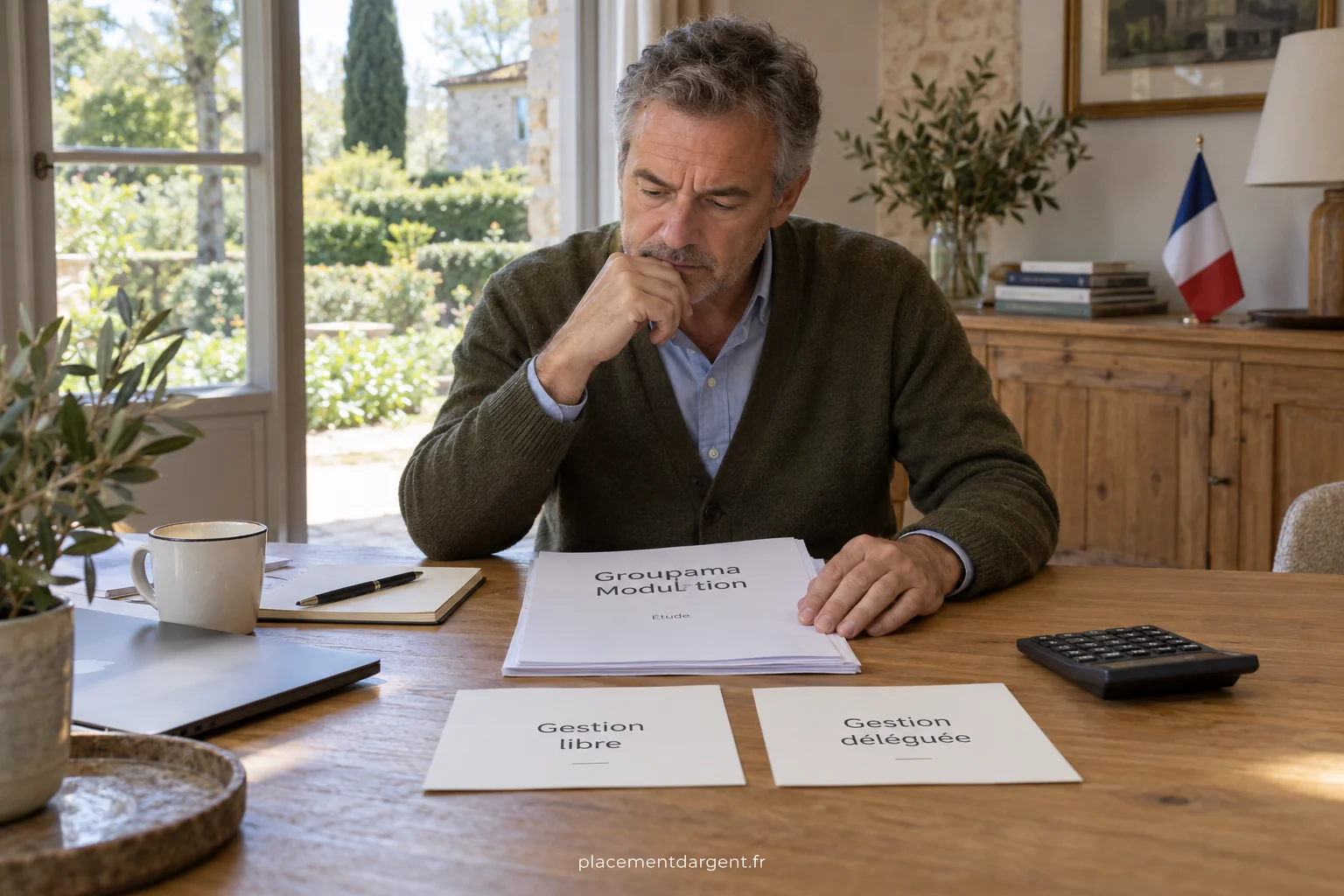 Épargnant comparant deux options de placement sur des documents et un écran d’ordinateur dans un bureau lumineux