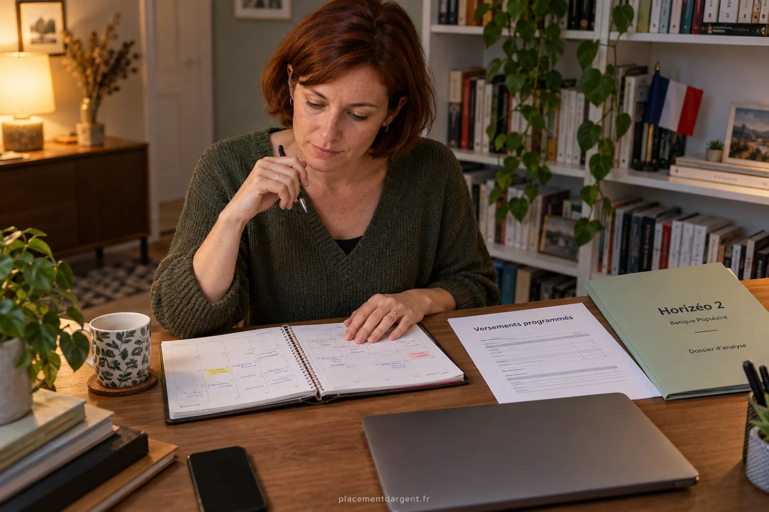 Épargnant planifiant des versements mensuels d'assurance-vie avec un calendrier et un relevé de contrat