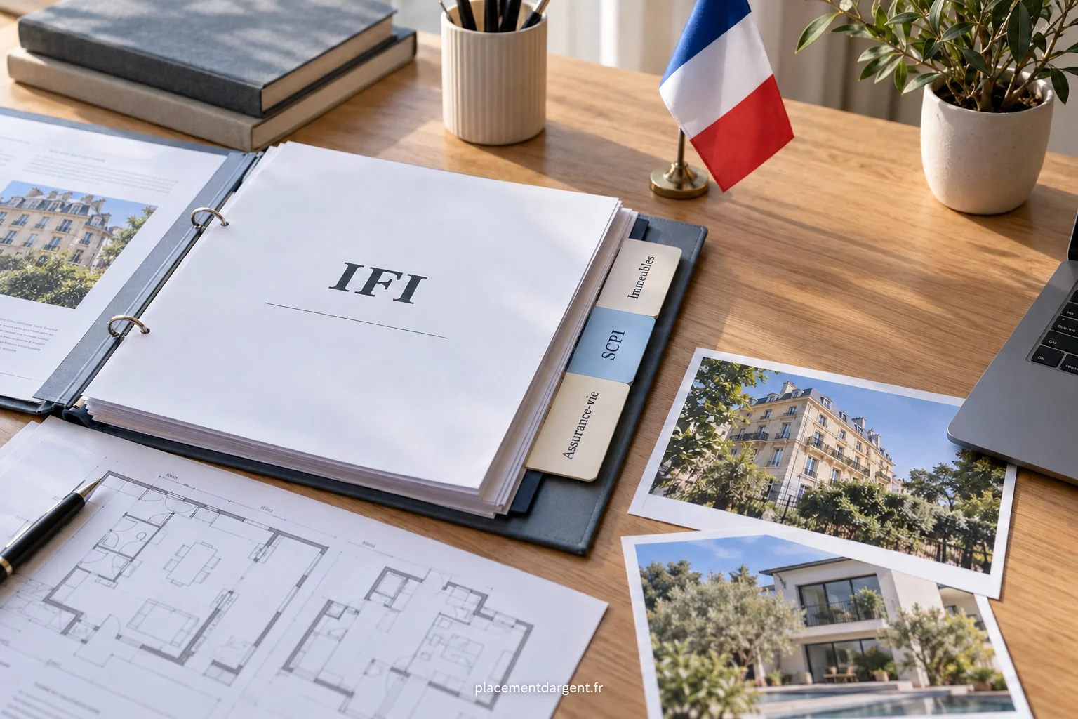 Dossier de déclaration patrimoniale posé sur un bureau avec une calculatrice, des documents immobiliers et un stylo