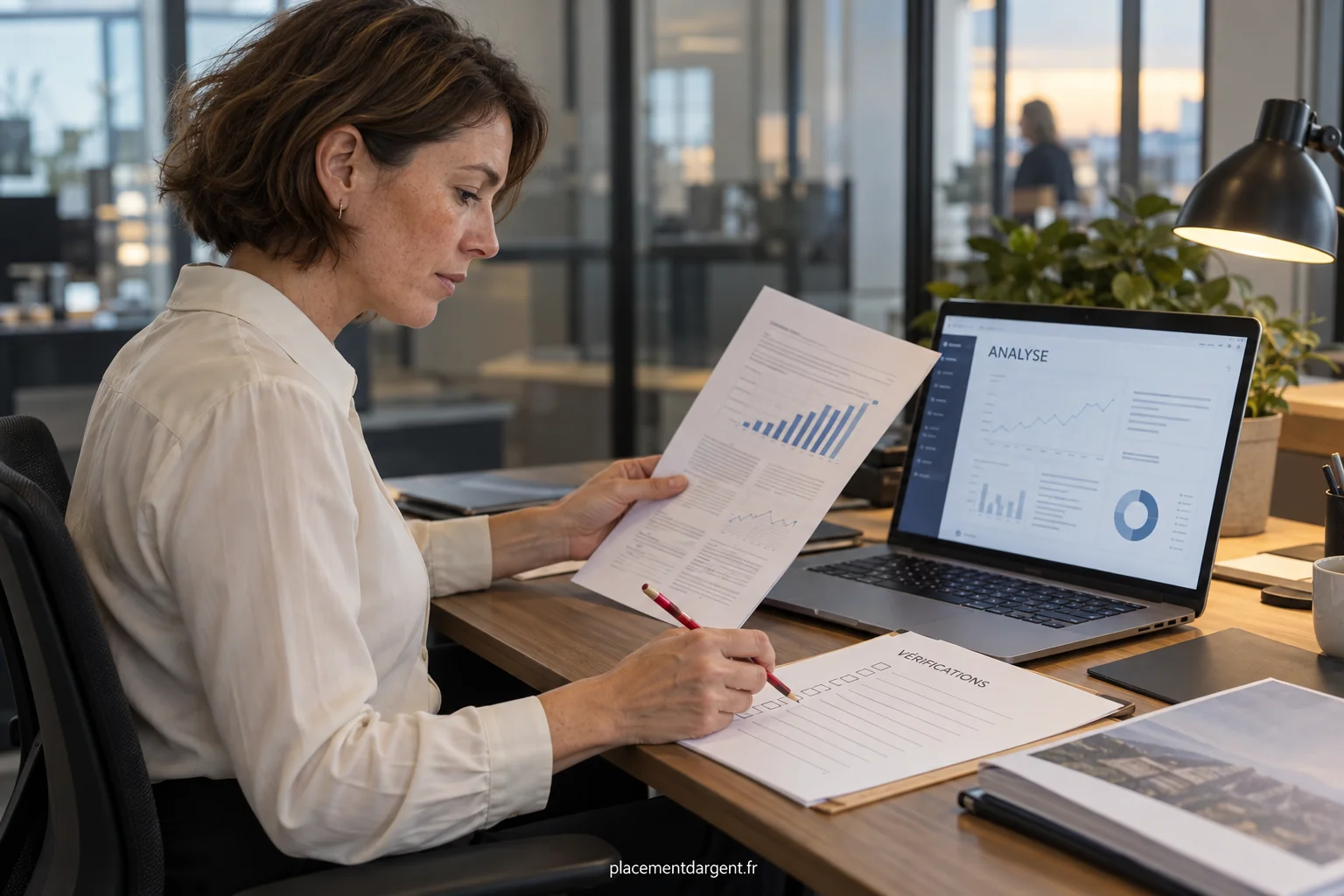 Investisseur comparant sur son ordinateur une analyse générée par un assistant et un relevé de portefeuille imprimé