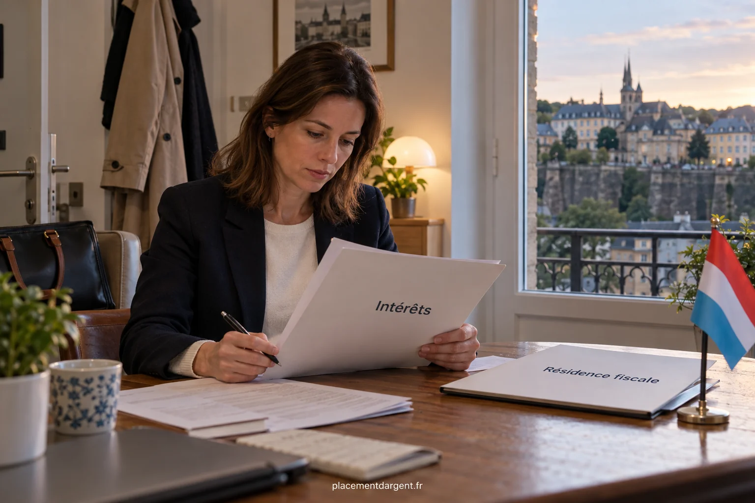 Épargnant examinant un relevé bancaire d'intérêts avec une calculatrice et un carnet sur une table