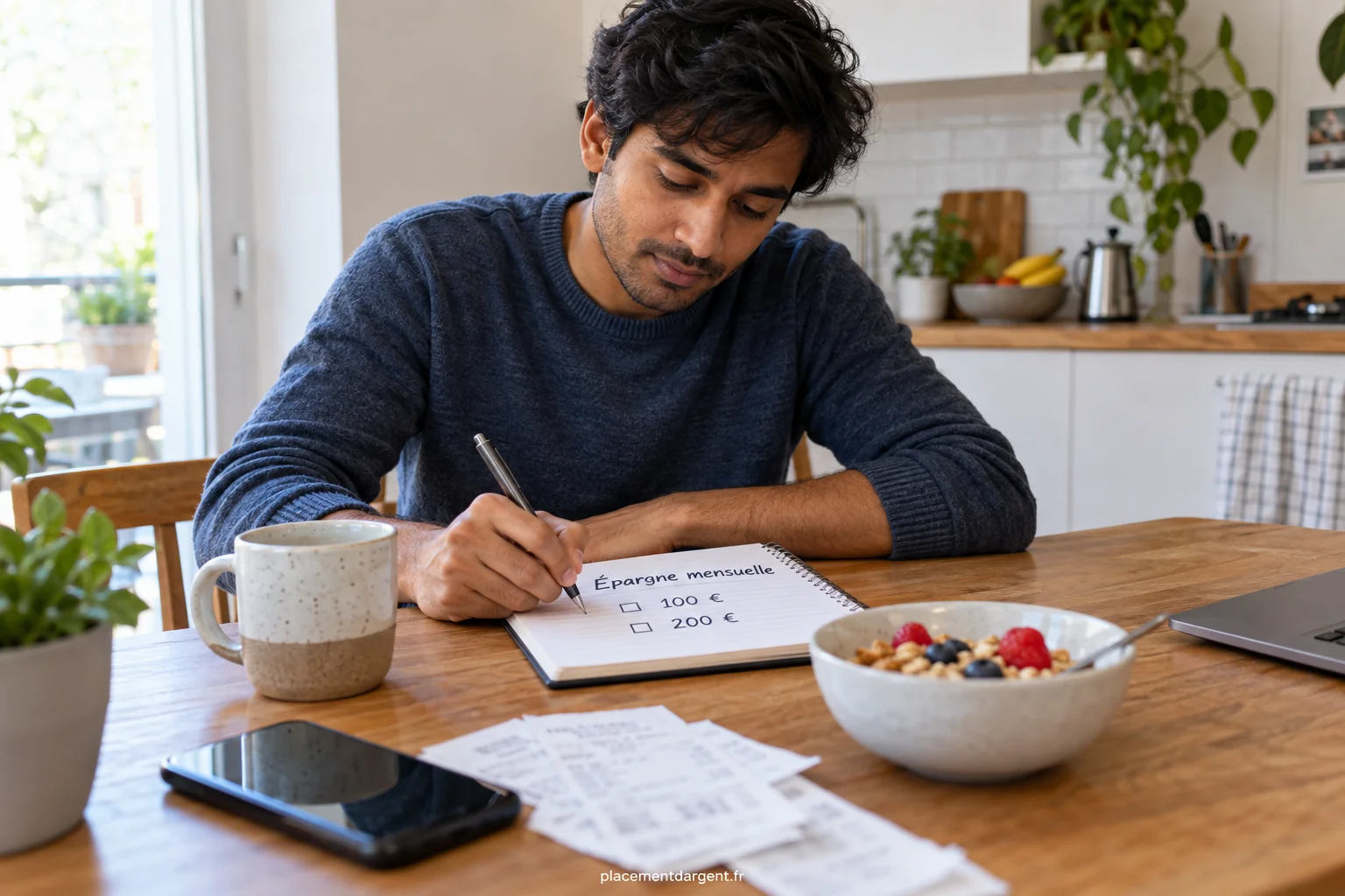 Personne notant son budget mensuel sur un carnet à côté d’un ordinateur portable et de quelques pièces