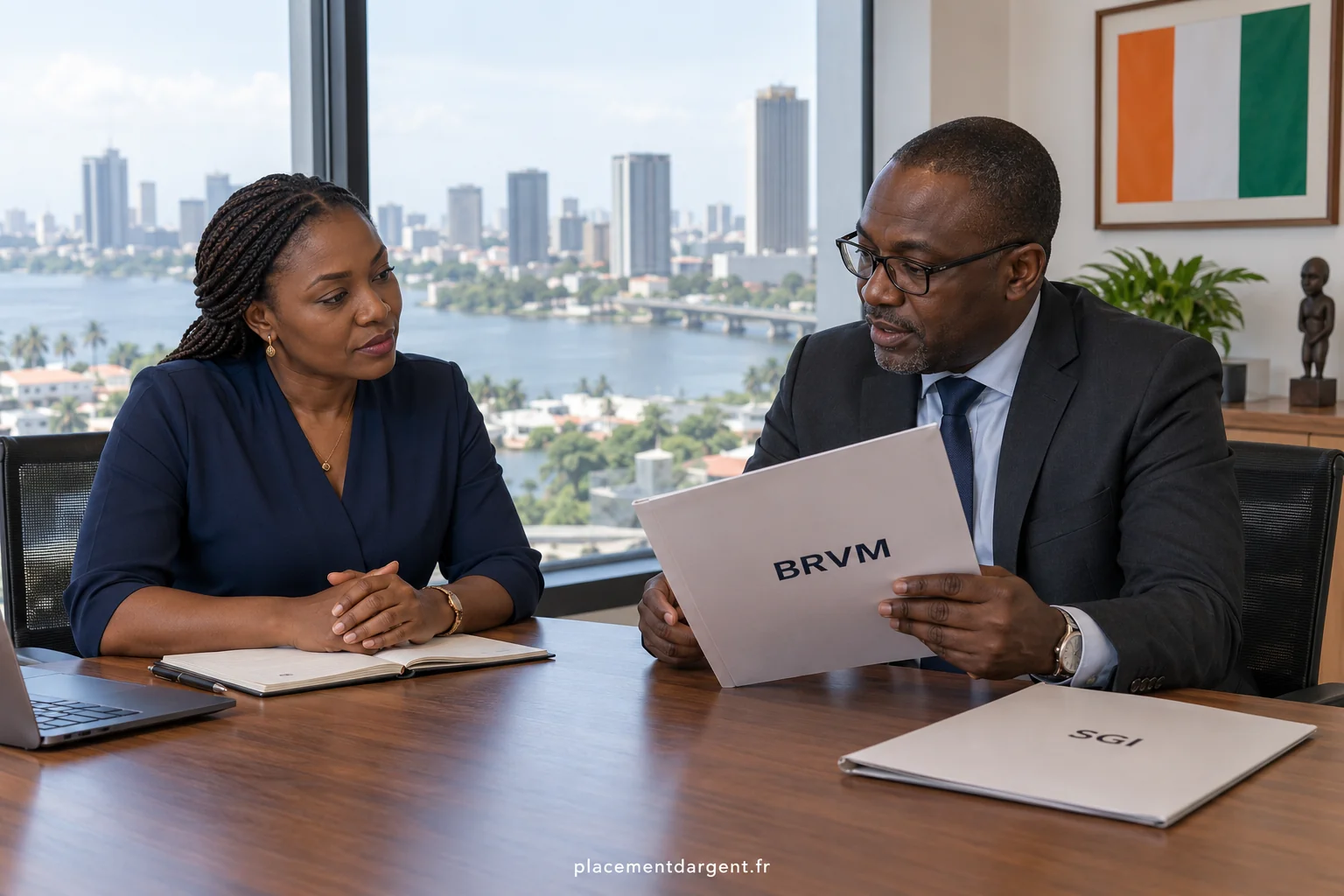 Investisseur à Abidjan consultant les cours de la Bourse régionale sur une tablette dans les bureaux d'une société d'intermédiation