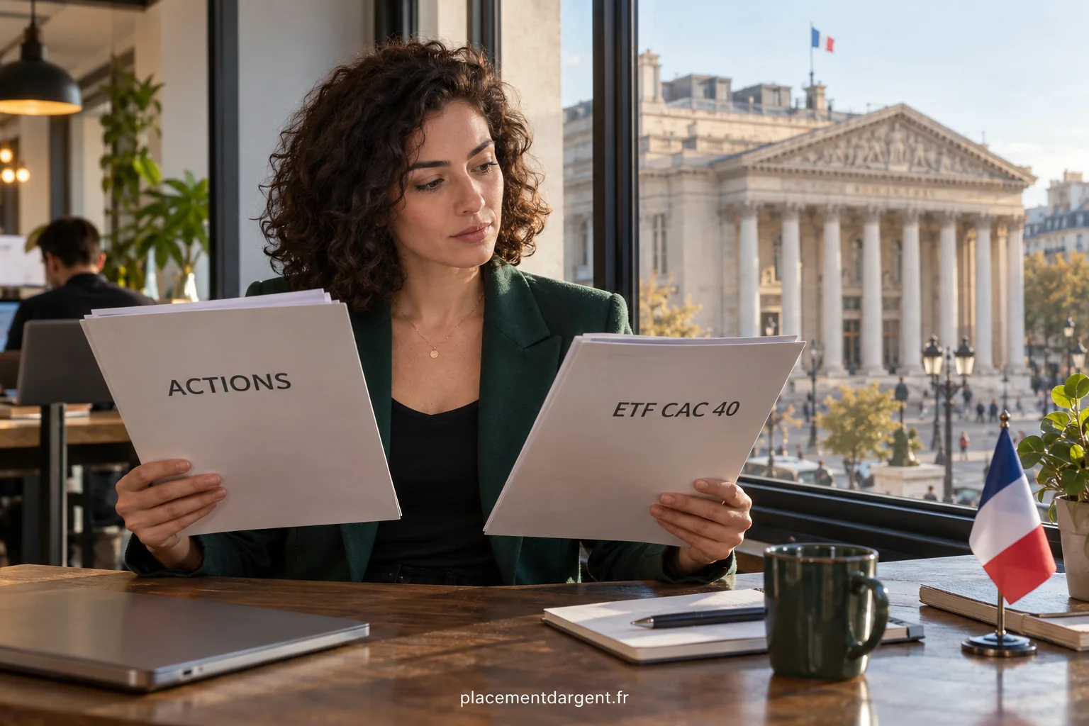 Écran affichant la courbe d’un indice boursier français près d’un carnet de notes et d’une calculatrice