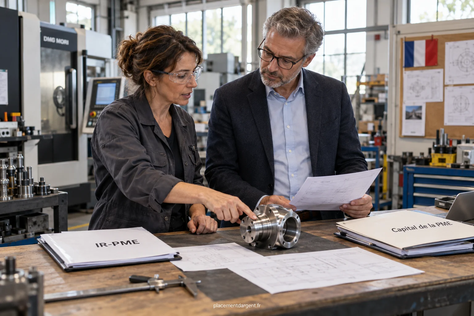 Dirigeant de petite entreprise et investisseur examinant un dossier de levée de fonds autour d’une table de réunion