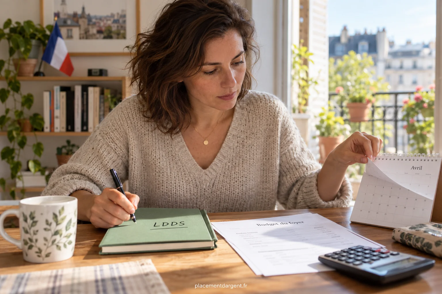 Épargnant consultant le solde de son livret réglementé sur une tablette, avec un calendrier et une calculatrice posés sur la table
