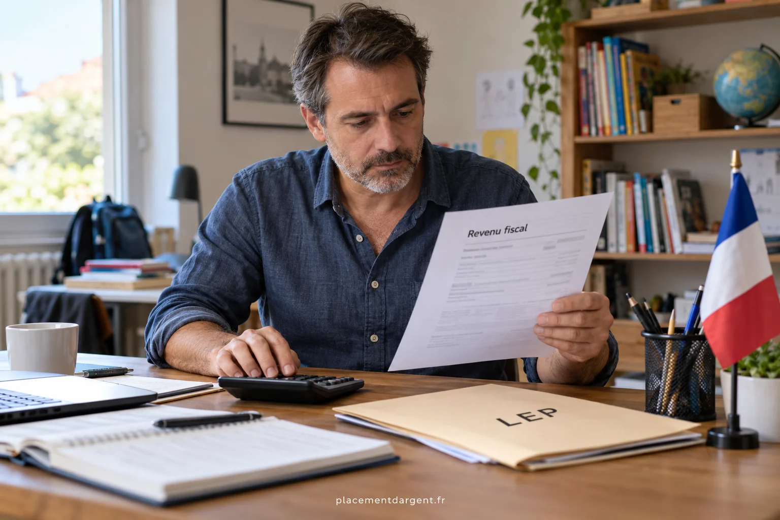 Couple examinant son avis d'imposition et un relevé de livret à la table de la cuisine, avec un carnet de comptes ouvert