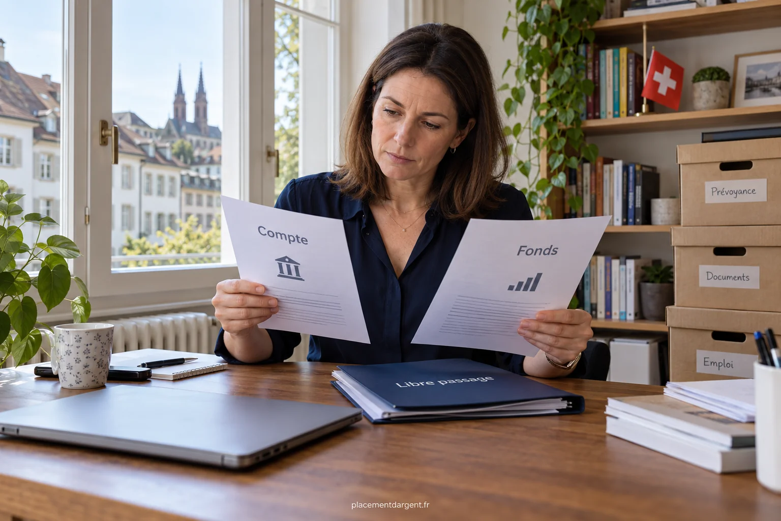 Dossier de prévoyance professionnelle et ordinateur portable sur une table de travail lors d’un changement d’emploi