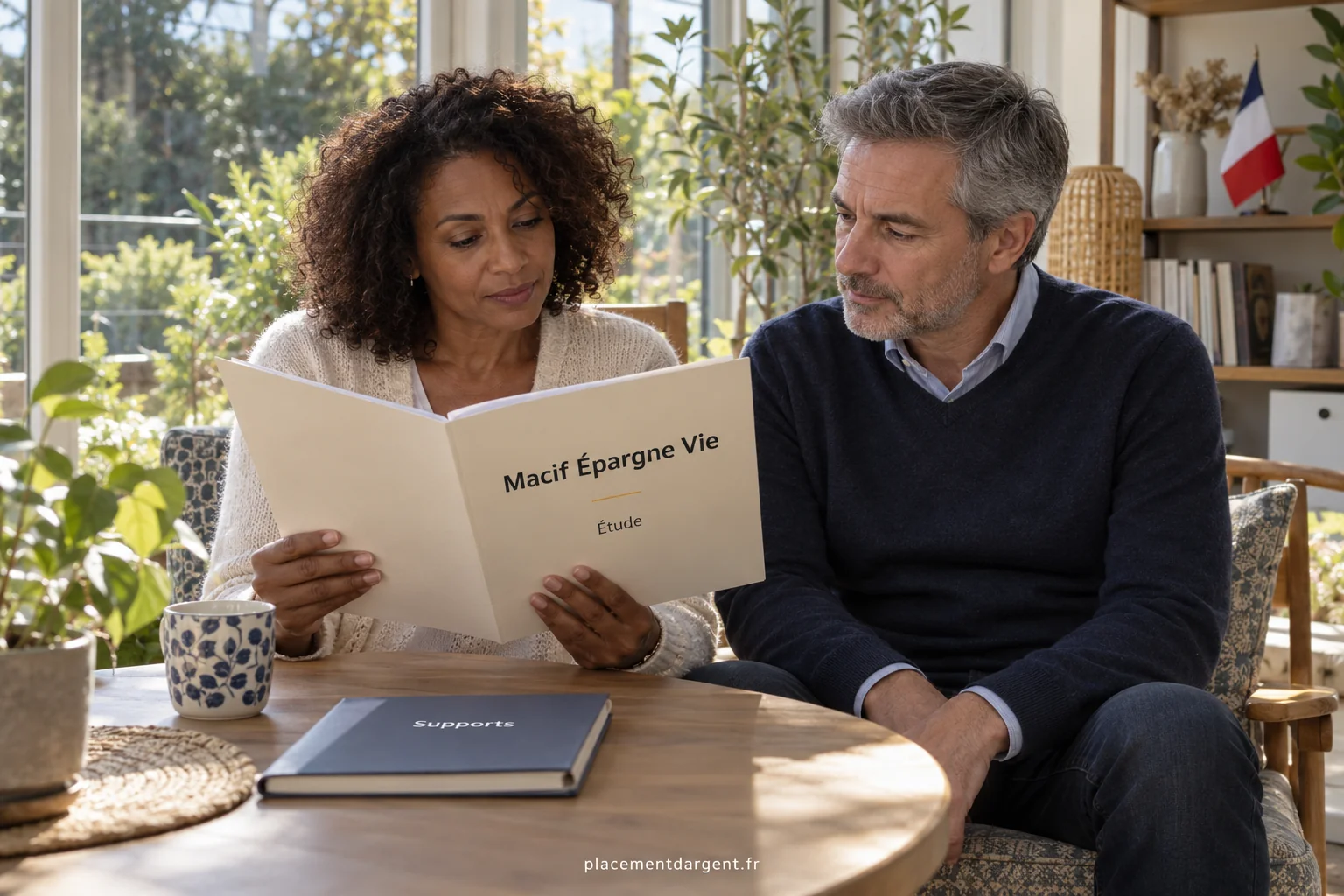 Couple examinant ensemble les relevés de leur contrat d’épargne sur une table avec une tablette