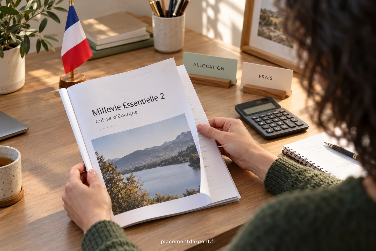 Épargnant examinant un relevé de contrat d’assurance-vie avec un graphique de répartition posé sur la table