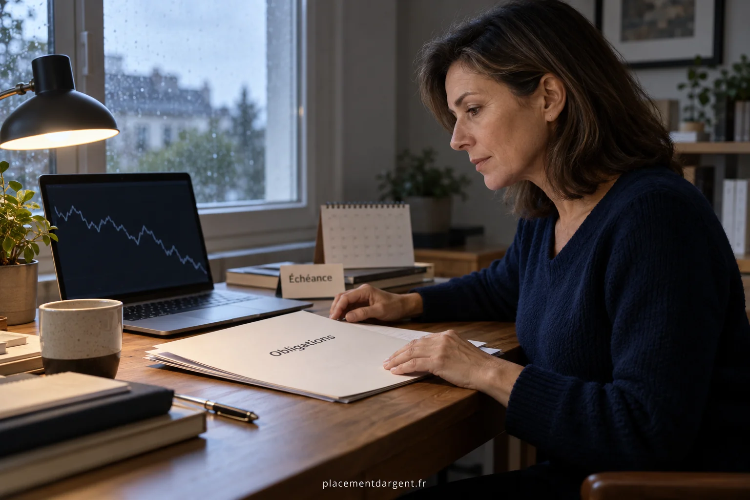 Courbe de cours d’une obligation en baisse affichée sur un écran à côté de documents d’émission