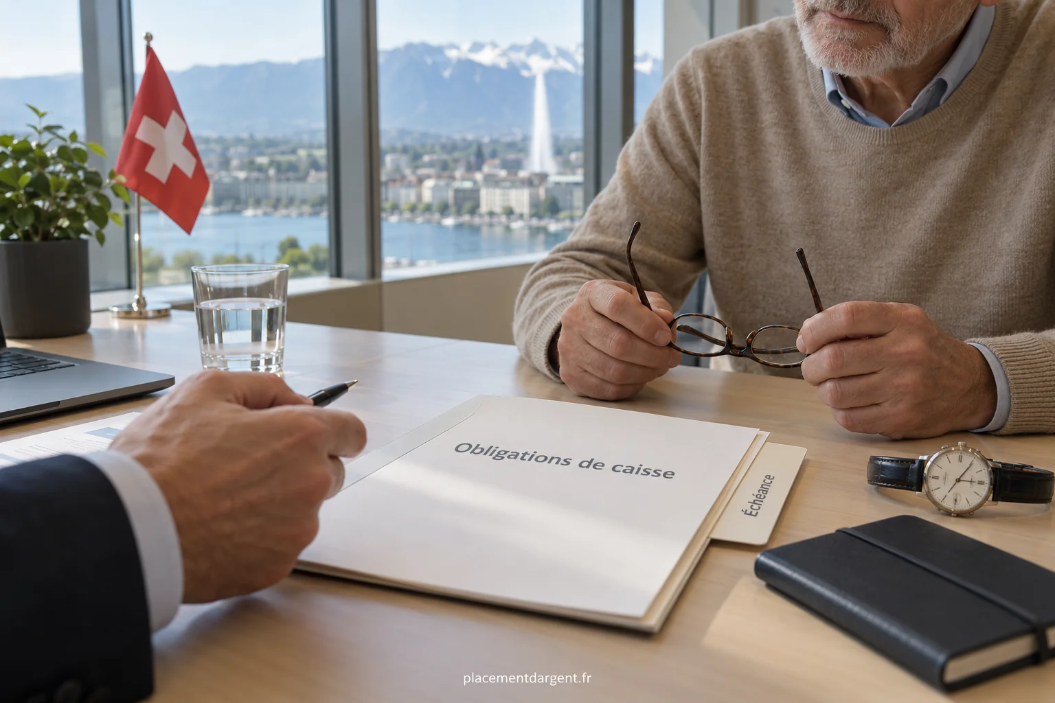 Conseiller bancaire présentant à un client un document d'engagement à échéance fixe dans une agence suisse