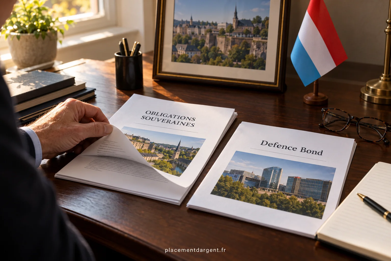 Pièces et billets en euros posés à côté d’un document obligataire et d’une calculatrice sur un bureau
