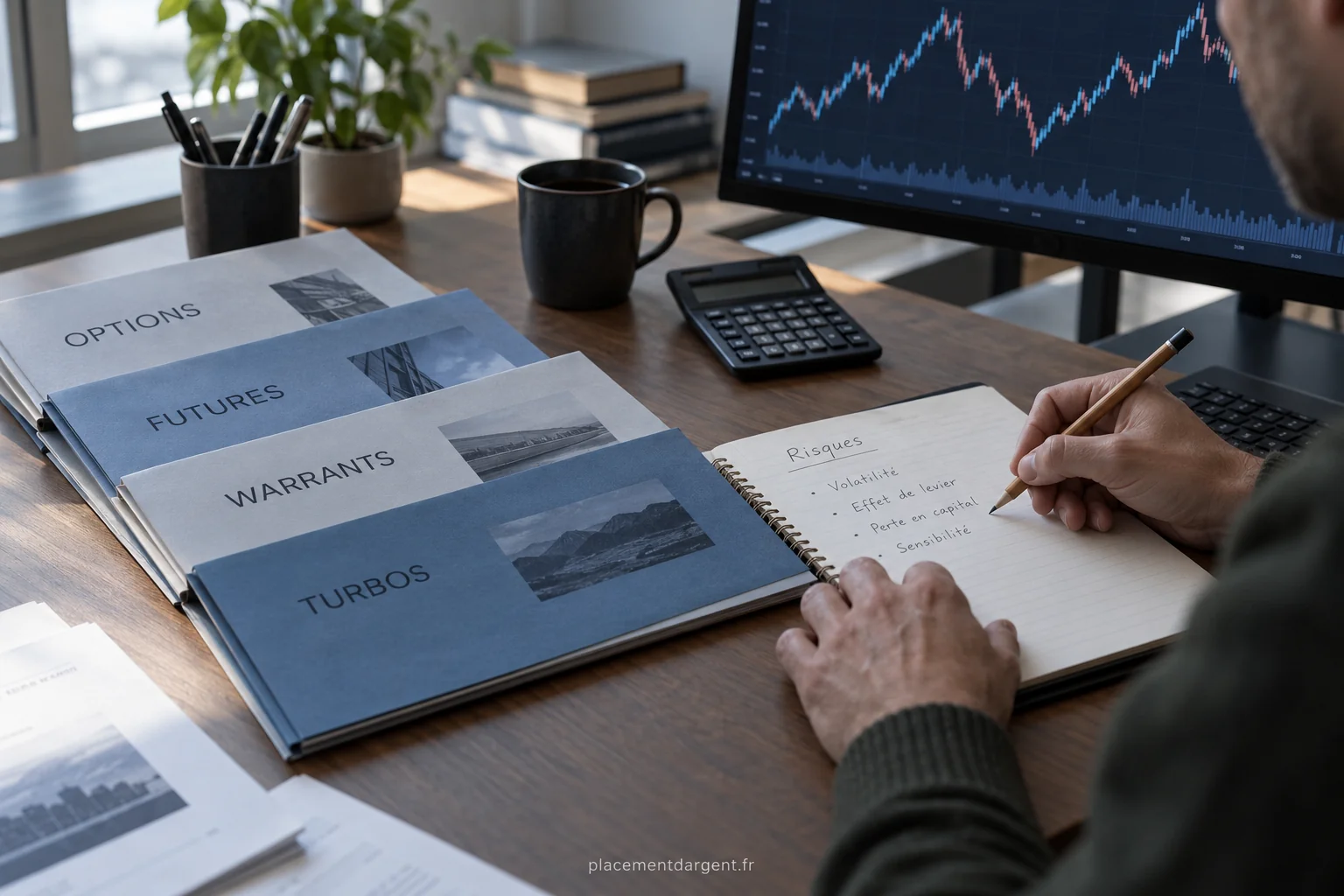 Écran de négociation affichant des courbes de cours et une chaîne d’options sur un bureau d’investisseur