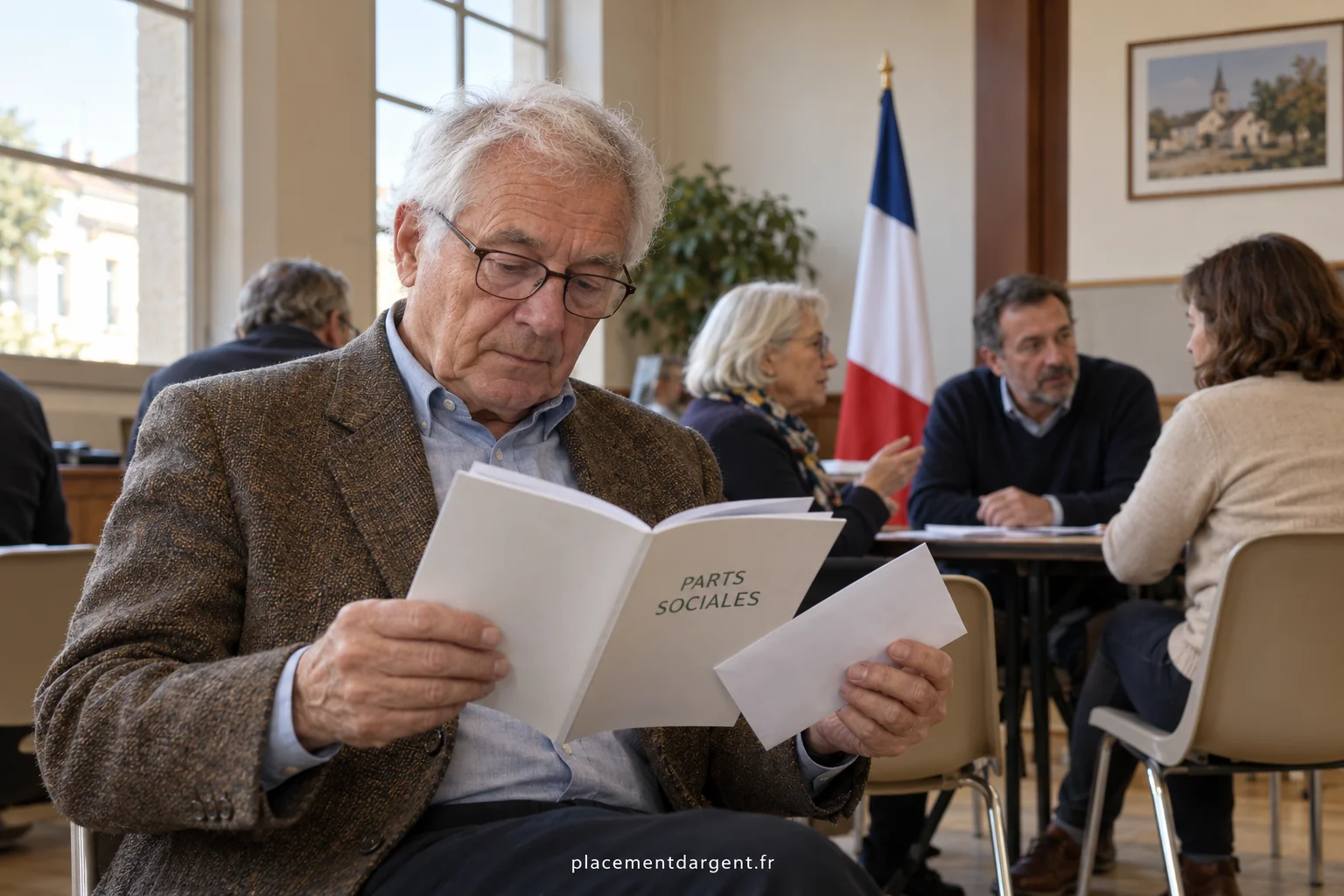 Sociétaires réunis en assemblée générale dans la salle d’une caisse locale, brochures posées devant eux