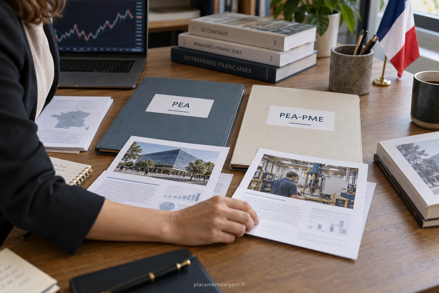 Investisseur comparant sur un écran deux listes de titres boursiers européens, avec un carnet de notes et un café posés à côté