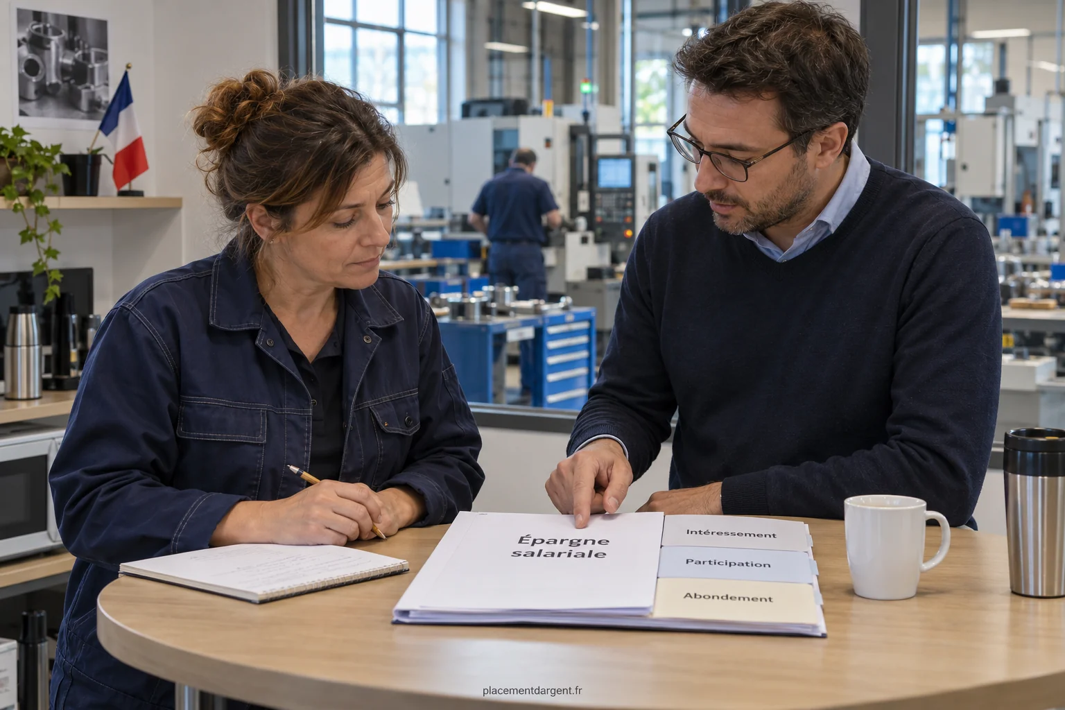 Salarié et conseiller examinant un relevé d’épargne salariale, documents et ordinateur posés sur une table