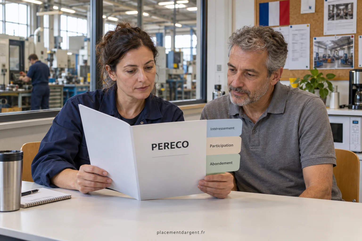 Salariés d’une entreprise discutant d’un dispositif d’épargne salariale devant un ordinateur dans un bureau lumineux