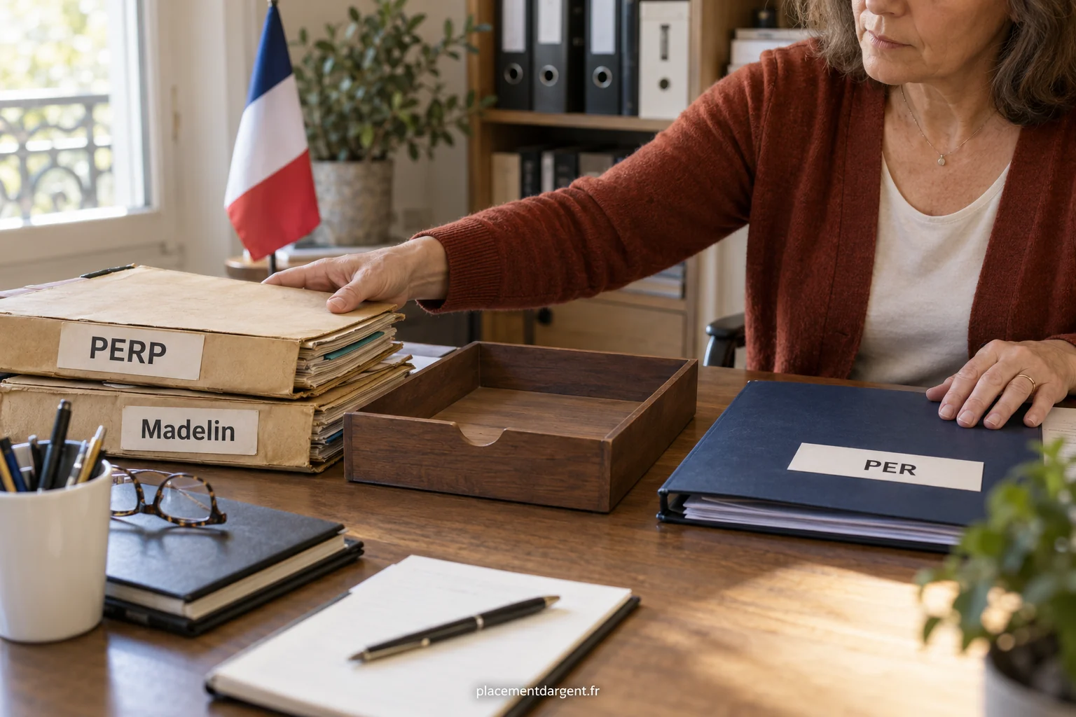 Épargnant examinant des relevés d'anciens contrats de retraite et un dossier de transfert sur un bureau