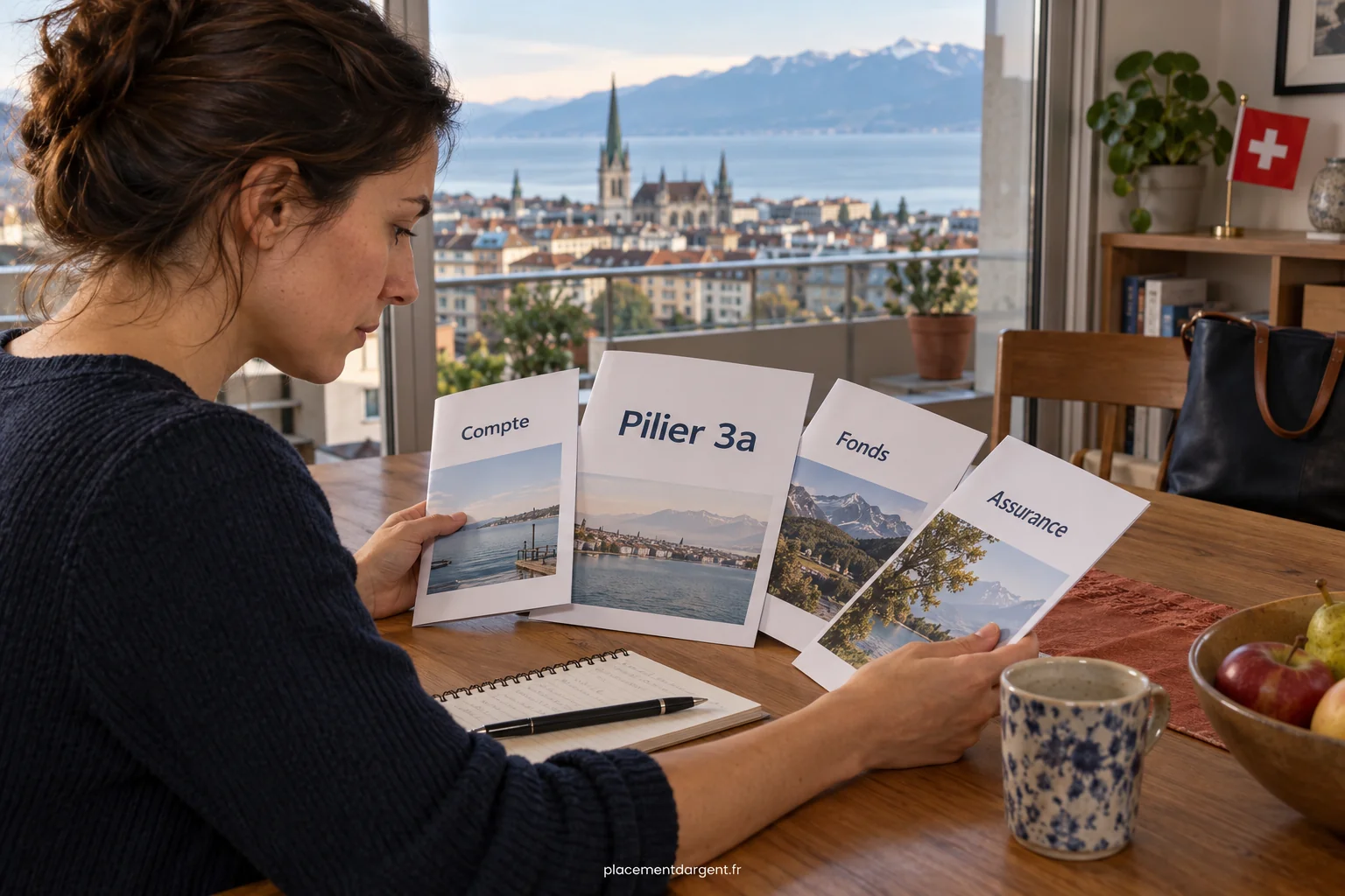 Couple suisse examinant des documents de prévoyance retraite et un tableau d'épargne à la table d'un salon