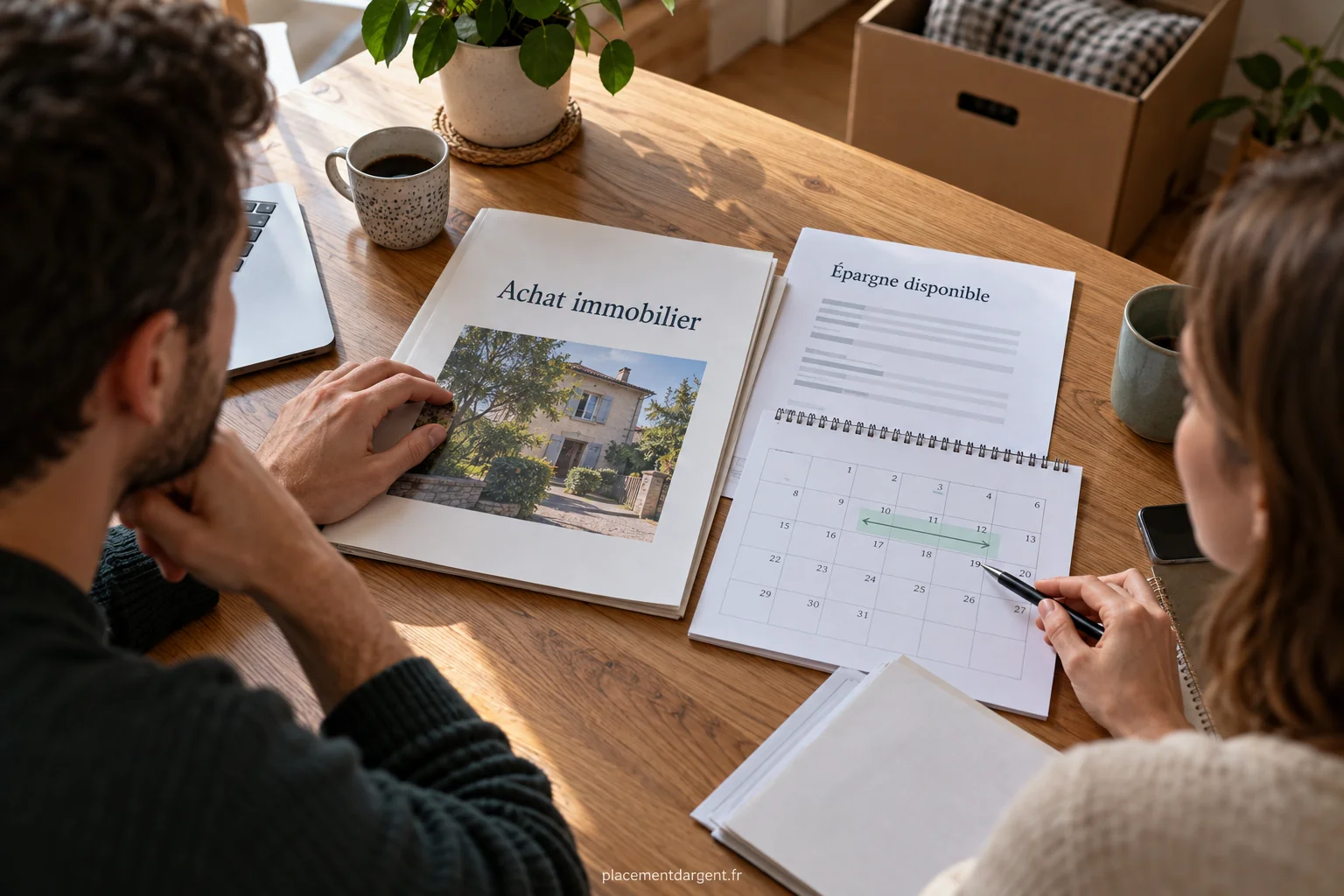 Couple consultant un calendrier et des documents bancaires avant la signature d’un achat immobilier