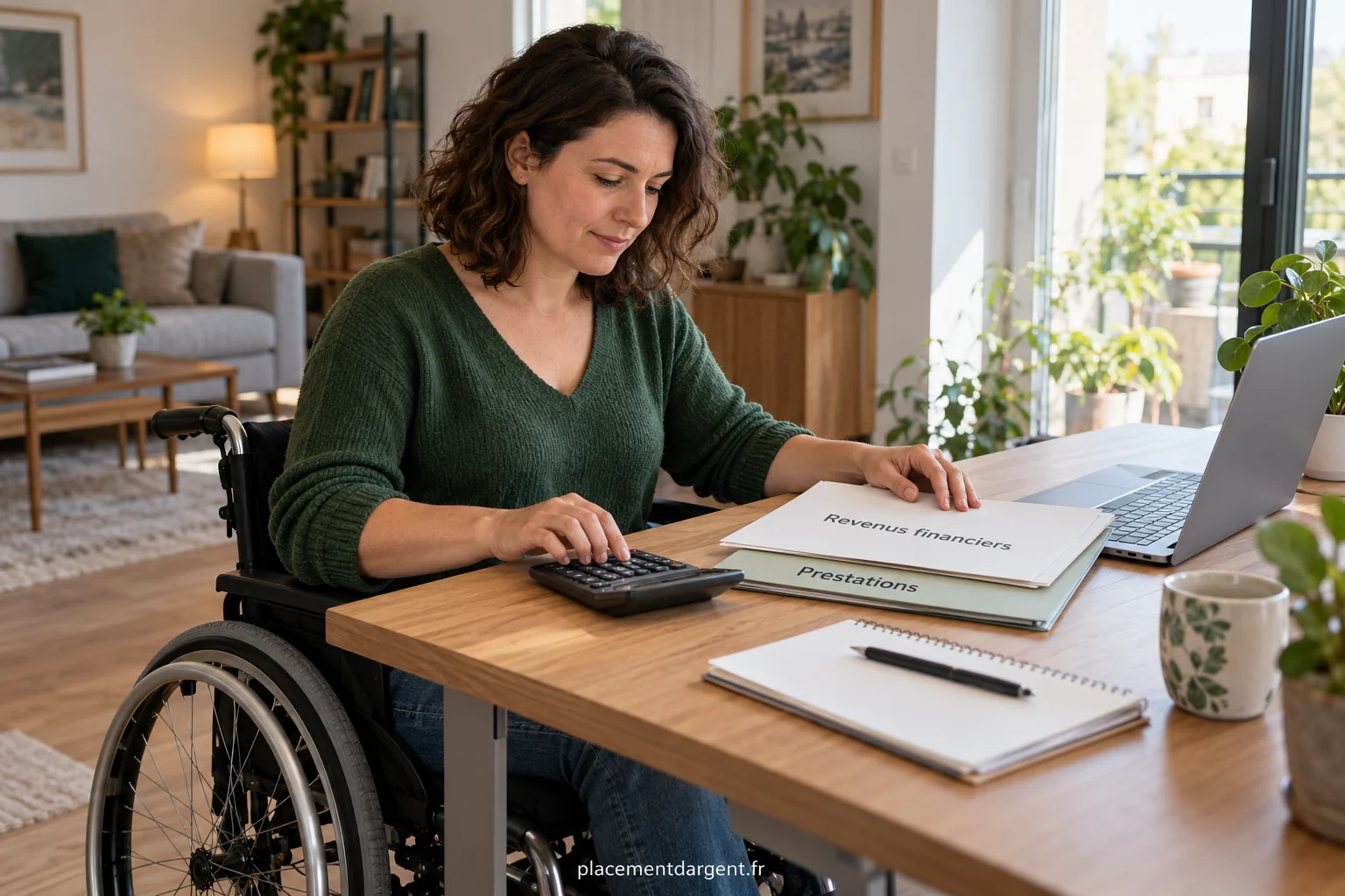 Personne en fauteuil roulant travaillant sur son budget avec des documents et un ordinateur portable à la maison